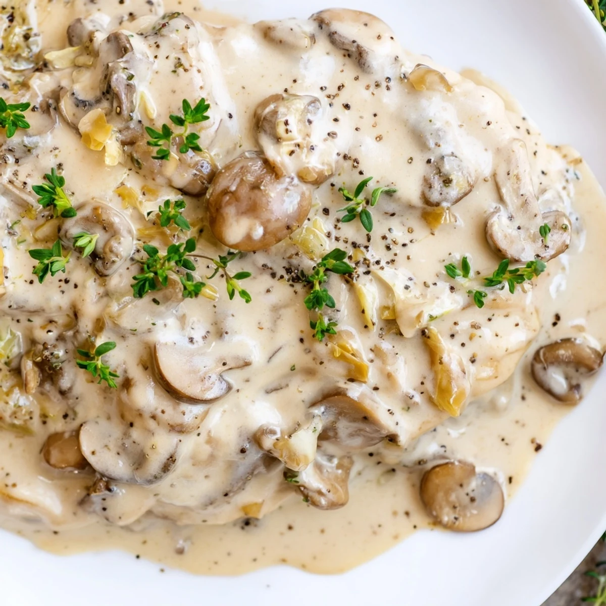 Freshly prepared Creamy Mushroom Sauce with Thyme, bubbling in a skillet with garlic and parsley, perfect for drizzling over vegetables.