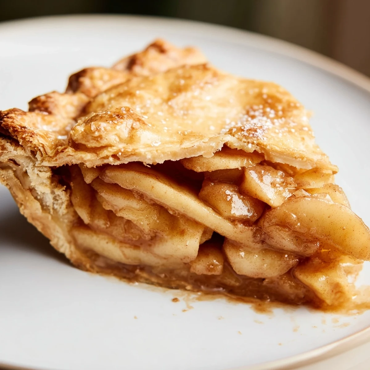 Slice of Spiced Apple Pie revealing tender apples, warm cinnamon and nutmeg spices, ready to be enjoyed at a cozy fall gathering.