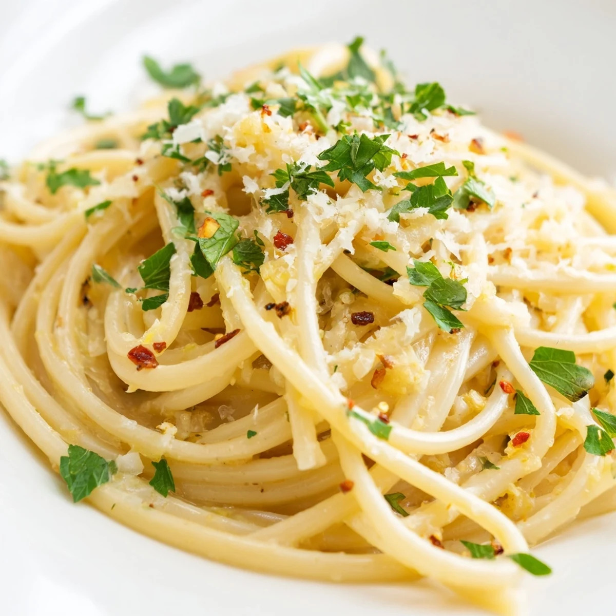 A close-up shows Lemon Garlic Pasta with Parsley in a skillet, the sauce steaming alongside garlic and olive oil.
