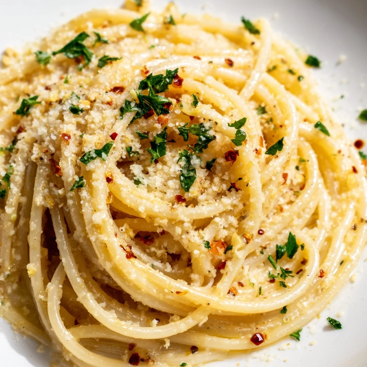 Golden strands of Lemon Garlic Pasta with Parsley glisten in a shallow bowl, topped with fresh herbs and lemon wedges.