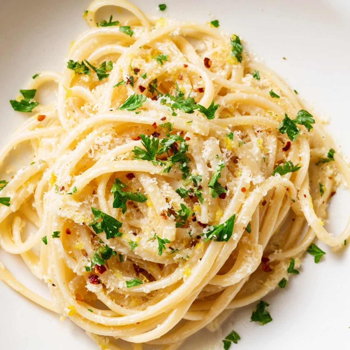 Bright white bowl of Lemon Garlic Pasta with Parsley is garnished with Parmesan and red pepper flakes, ready to serve.