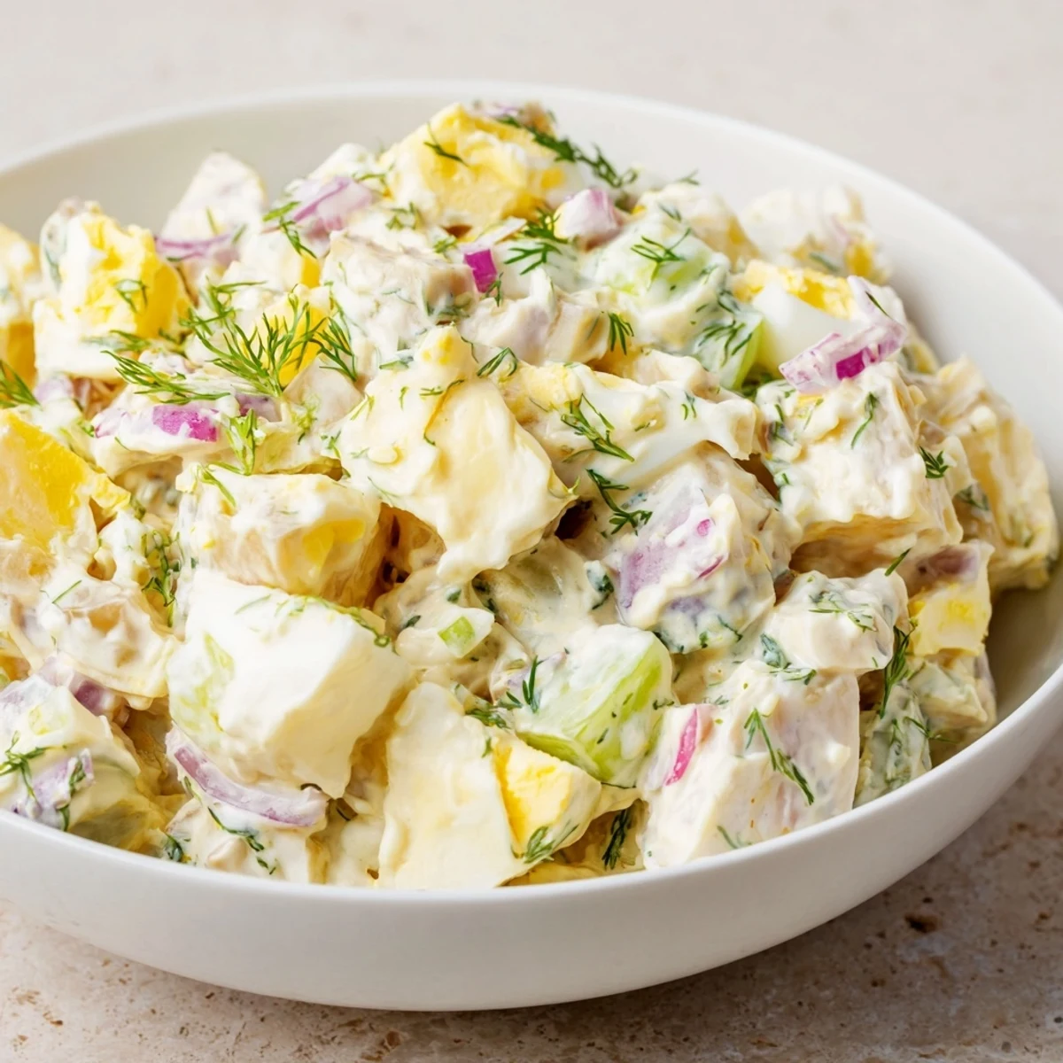Creamy Potato Salad with Dill in a white bowl, garnished with fresh herbs and served alongside grilled chicken at a summer barbecue.