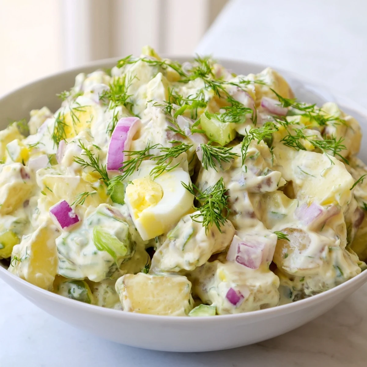 A chilled bowl of Creamy Potato Salad with Dill features diced celery, red onion, and scallions nestled among tender potato cubes.