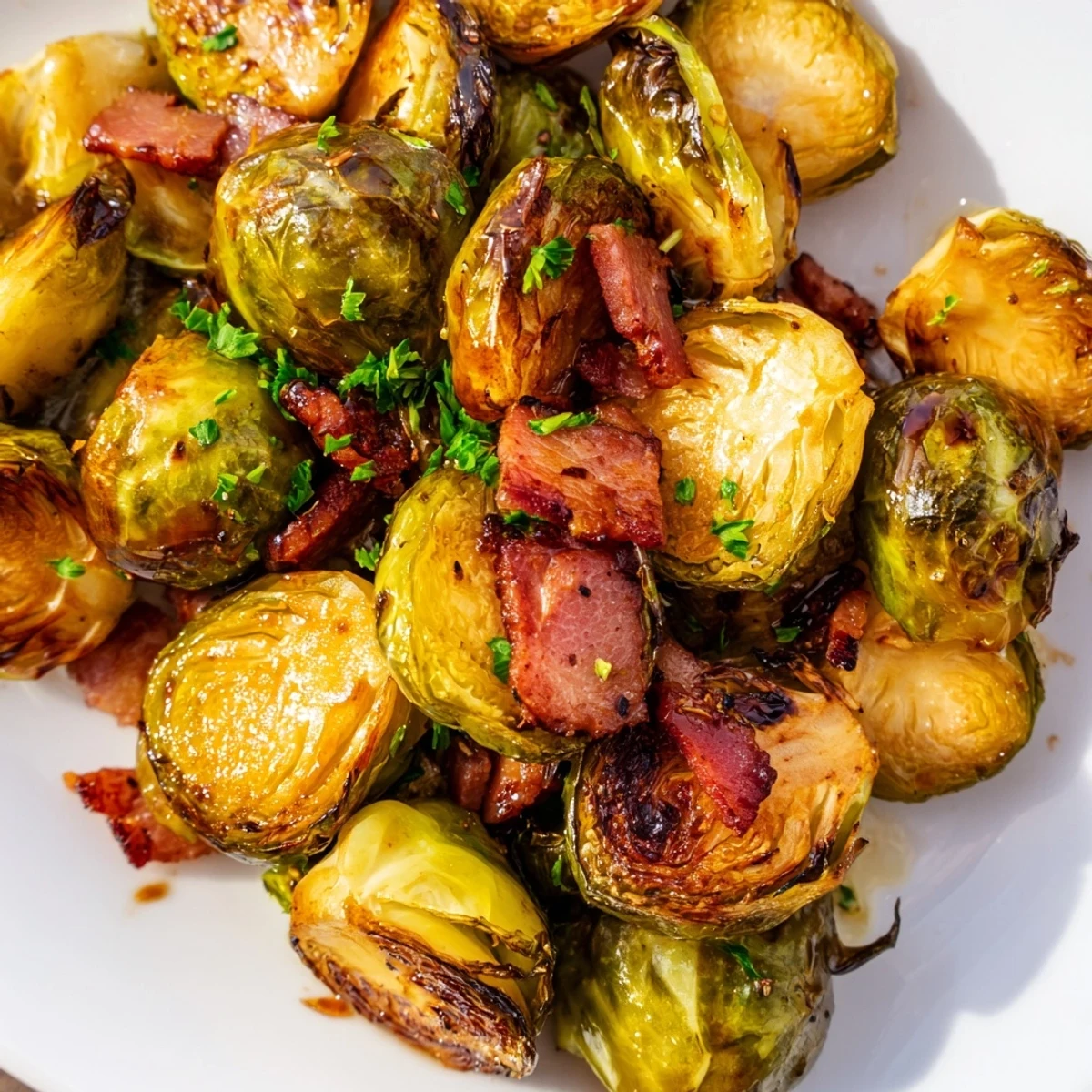 Golden brown roasted Brussels sprouts with crispy halal turkey bacon on a white platter, topped with fresh parsley and a drizzle of balsamic glaze.