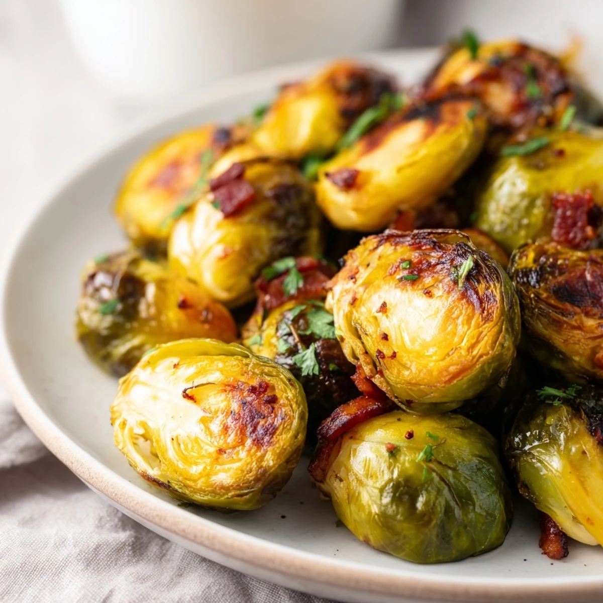 Caramelized Brussels sprouts and smoky turkey bacon roasted to perfection, served as a savory gluten-free American side dish hot from the oven.