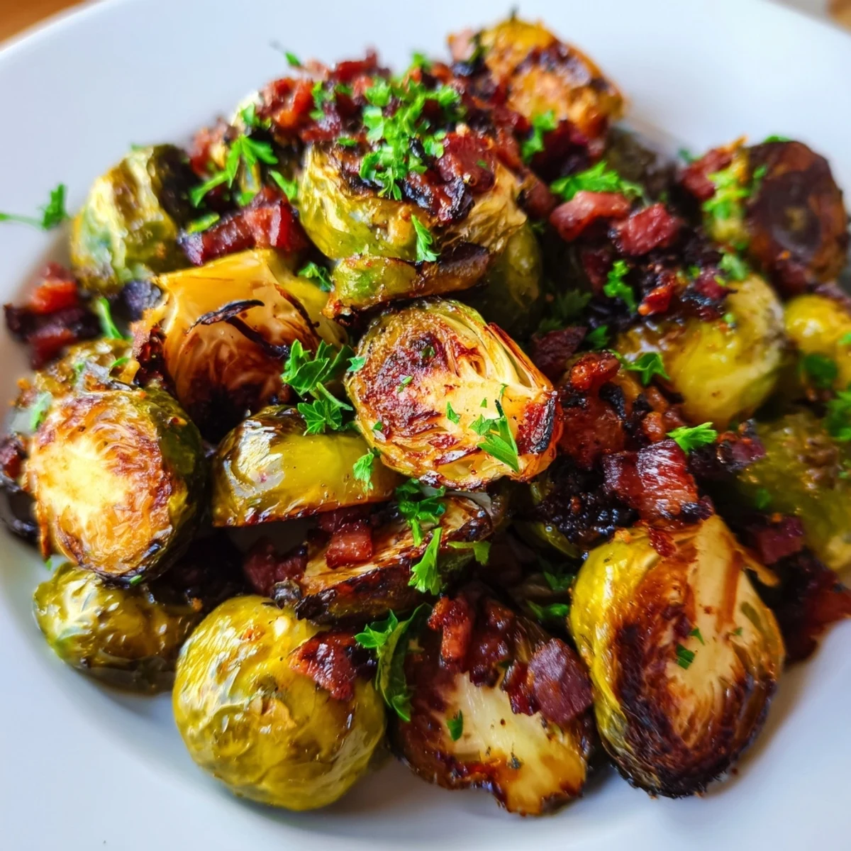 Close-up of crisp-edged Brussels sprouts and crunchy halal turkey bacon, garnished with parsley and balsamic glaze on a parchment-lined baking sheet.