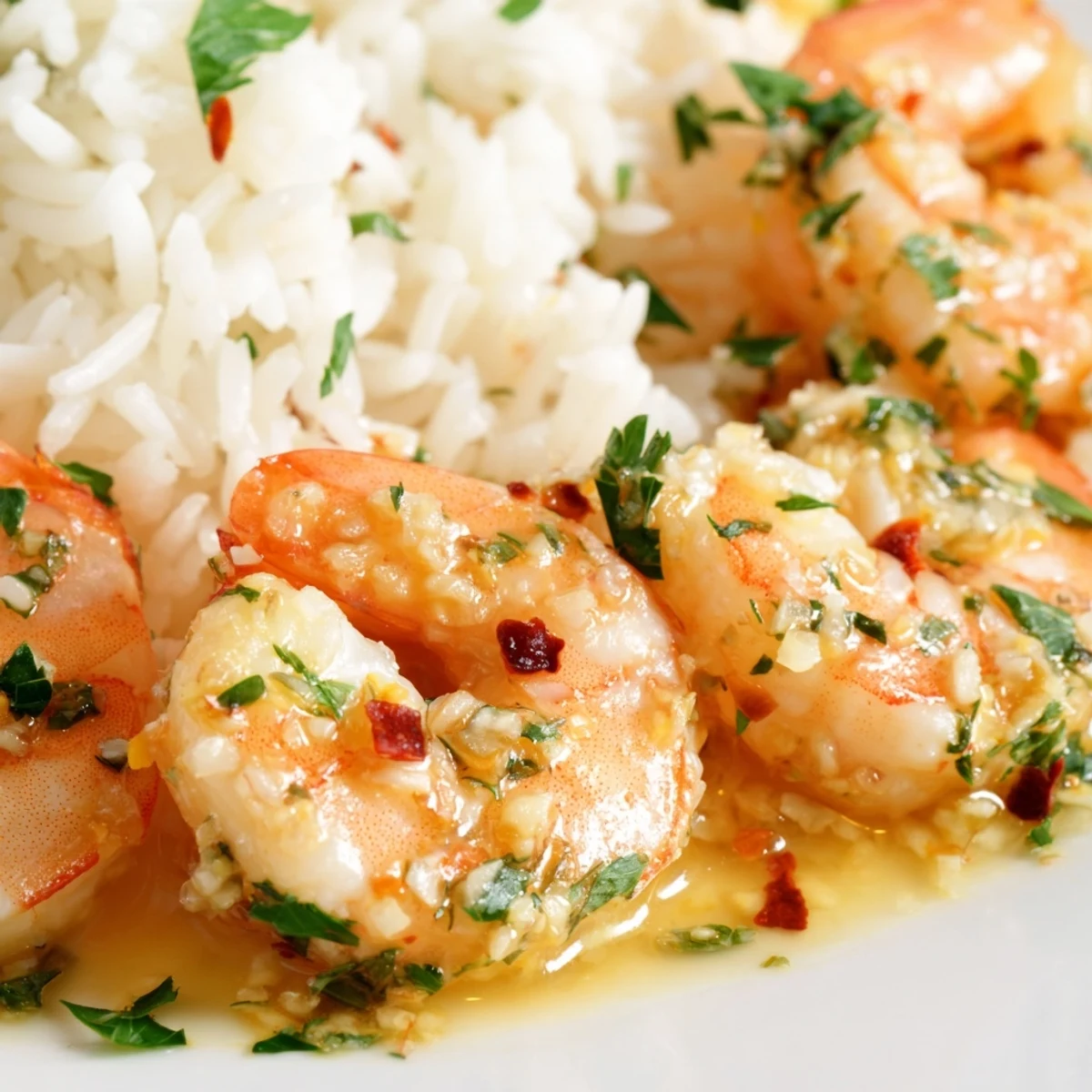 Fork-tender Lemon Garlic Shrimp over fluffy white rice, garnished with fresh parsley and lemon wedges for a bright, zesty finish.