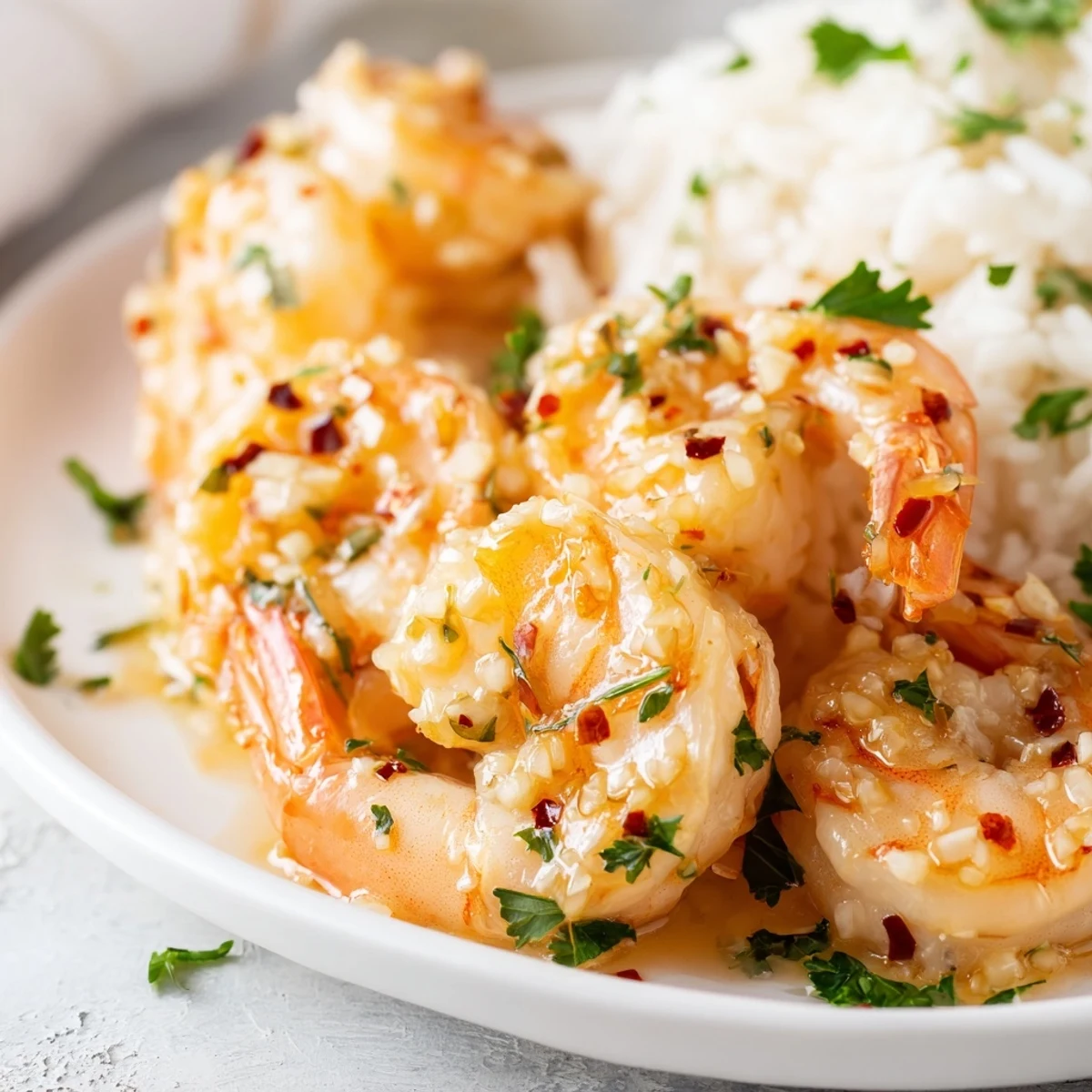 Close-up on juicy, pink Lemon Garlic Shrimp over rice, showcasing a glossy lemon-butter sauce and fresh green parsley garnish.