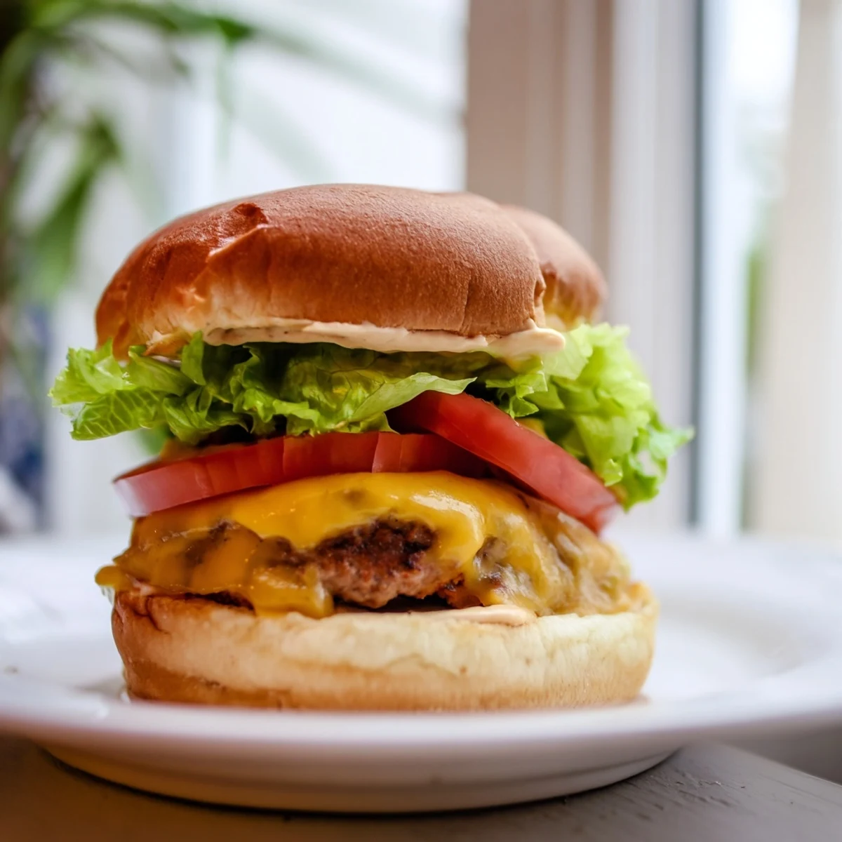 A golden Turkey Burger with cheese on a soft bun, topped with crisp lettuce and fresh tomato slices.