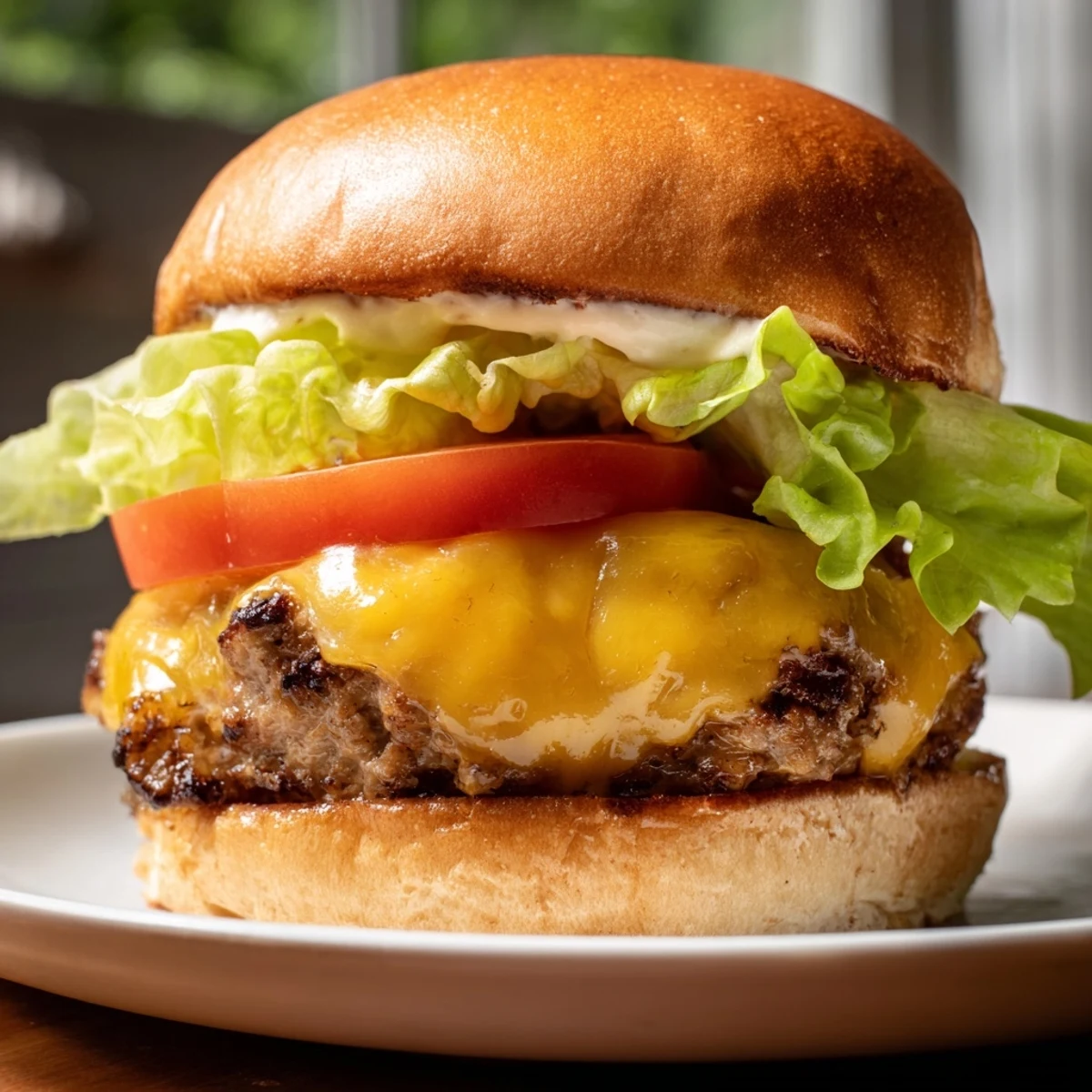 Juicy grilled Turkey Burger with melted cheddar, red onion and pickles on a toasted sesame bun.