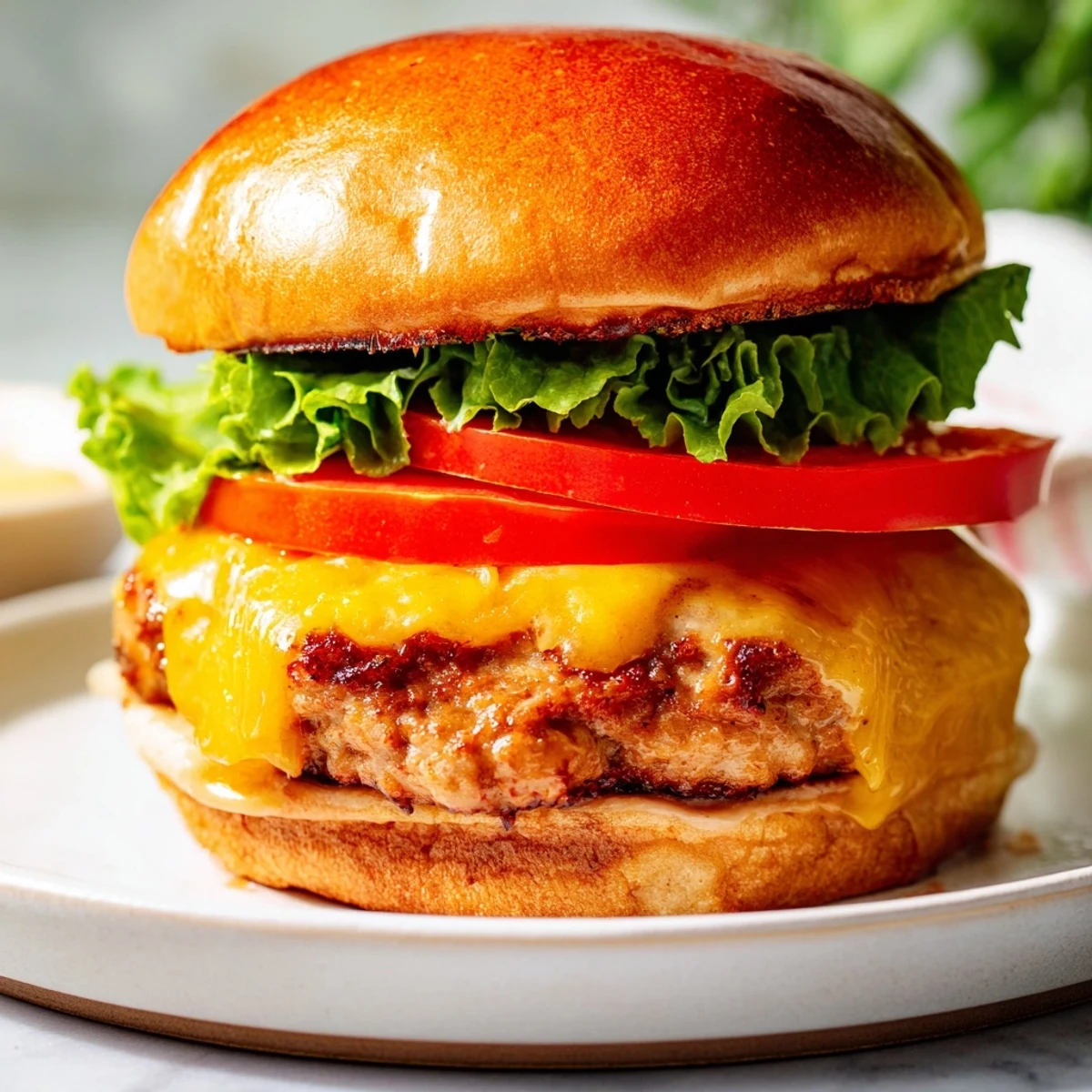 Freshly assembled Turkey Burger with cheese, served with golden fries and a side of creamy sauce.