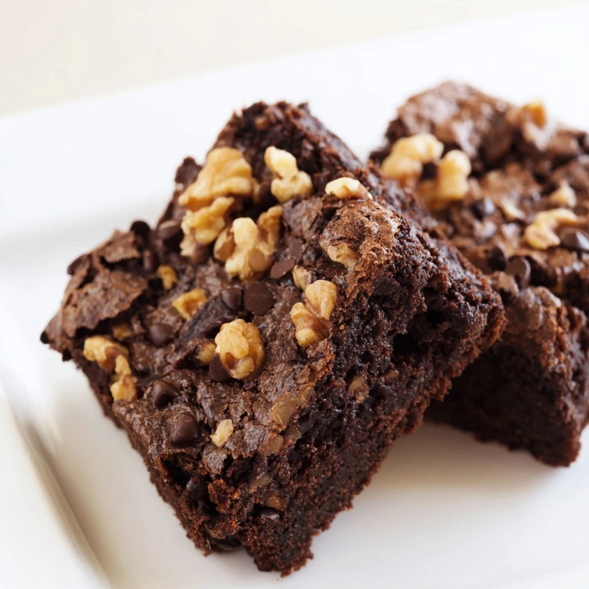 Gooey Chocolate Brownies with Walnuts served warm with a scoop of vanilla ice cream melting on top for an indulgent dessert.