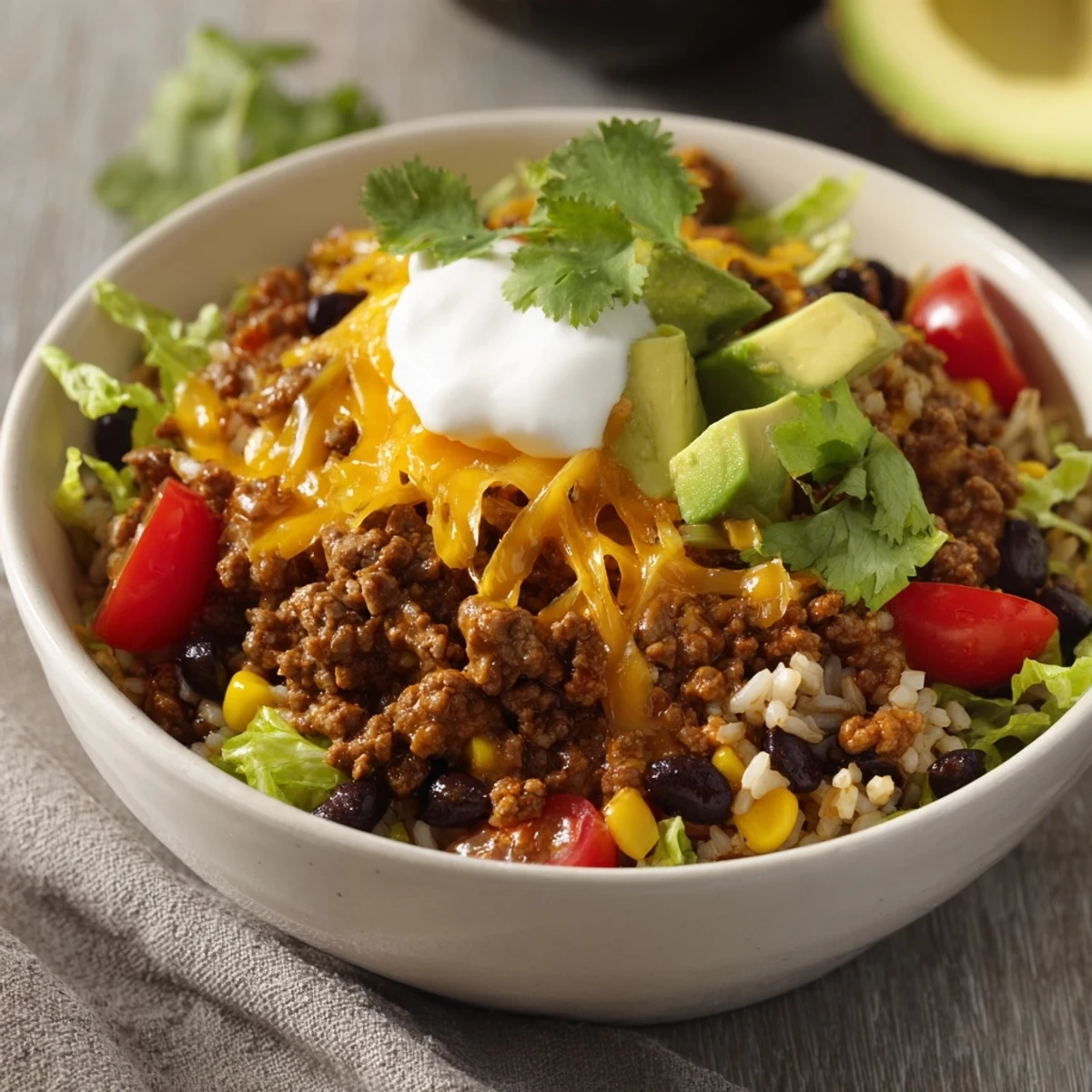 A close-up of a Beef Burrito Bowl with seasoned ground beef, brown rice, black beans, and melted cheddar cheese.