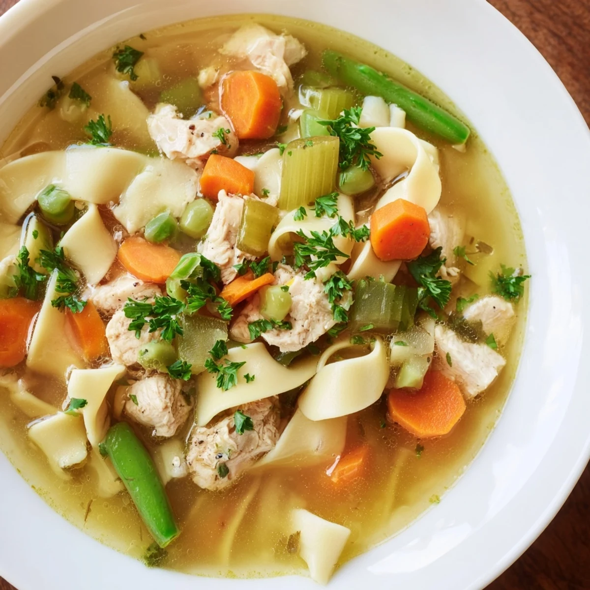 This hearty Chicken Vegetable Soup with Noodles is served with rustic bread, perfect for a cozy dinner.