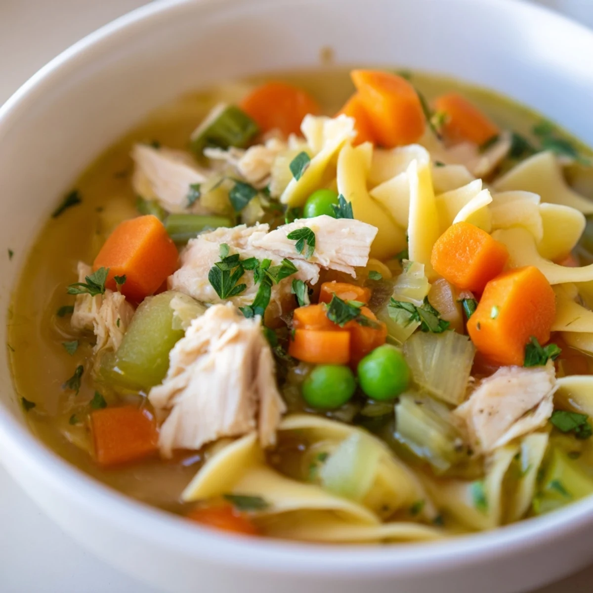 Overhead view of Chicken Vegetable Soup with Noodles brimming with carrots, peas, noodles, and fresh parsley garnish.