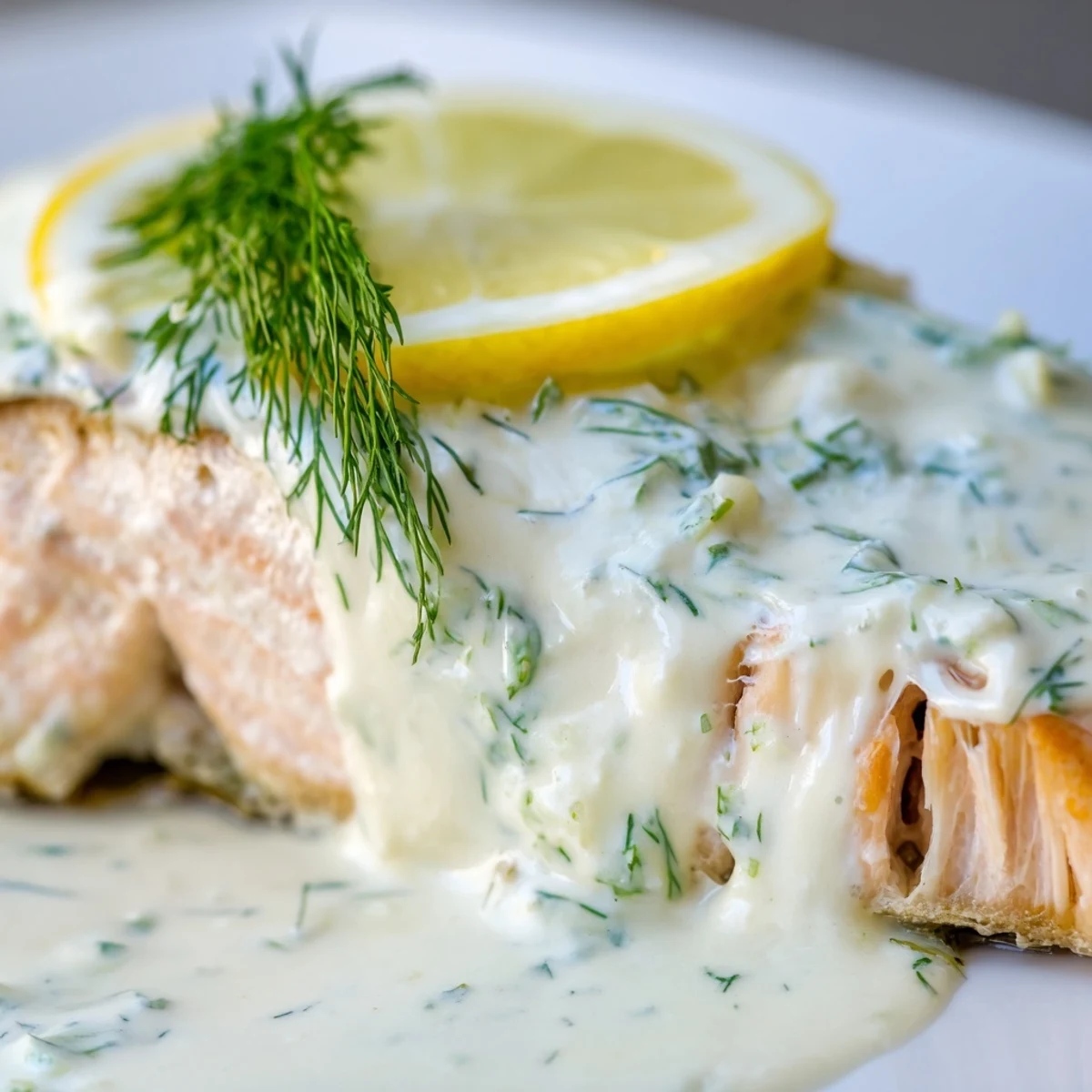 Golden-brown baked salmon fillets topped with a creamy lemon dill sauce, served alongside fresh asparagus spears.
