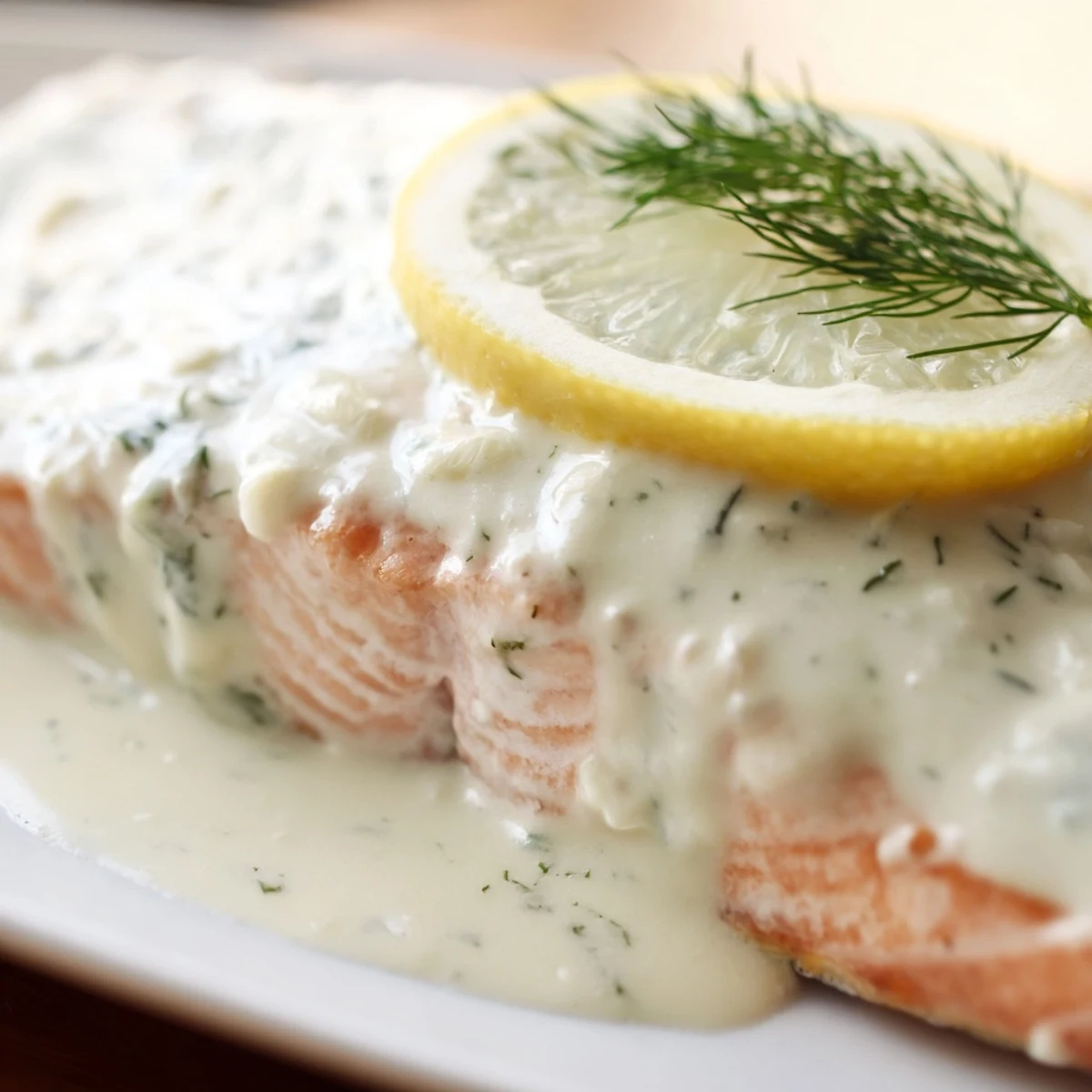 Freshly baked salmon fillet with bright lemon slices, resting on a white plate ready to be enjoyed.