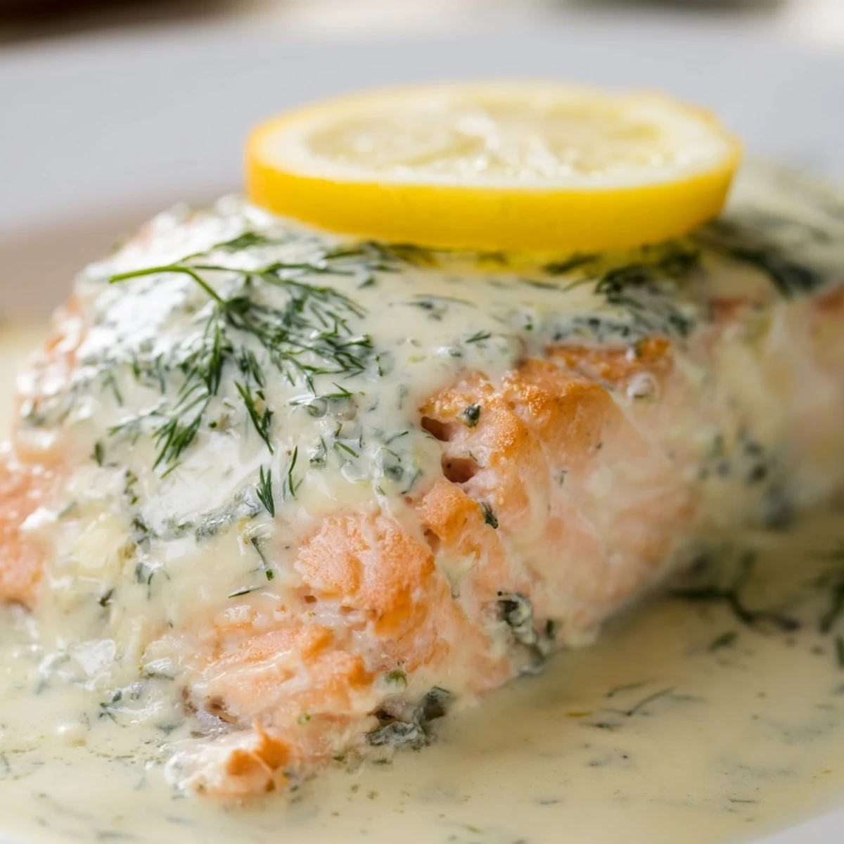 Flaky salmon and tangy lemon dill sauce garnished with chopped dill, a perfect main dish for dinner.