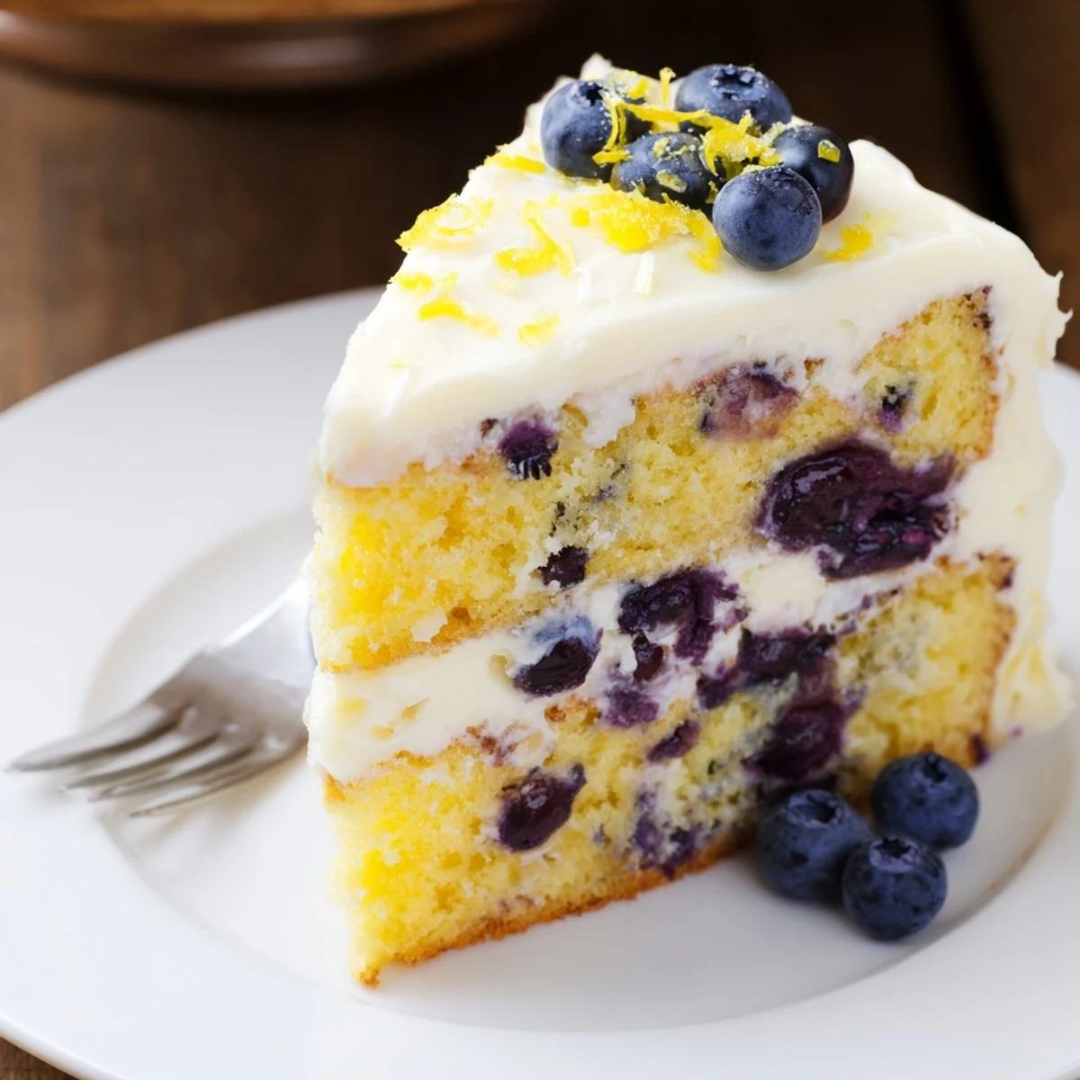 A slice of Lemon Blueberry Cake with Frosting reveals moist crumb, bursting blueberries, and a creamy lemon frosting on a white plate.