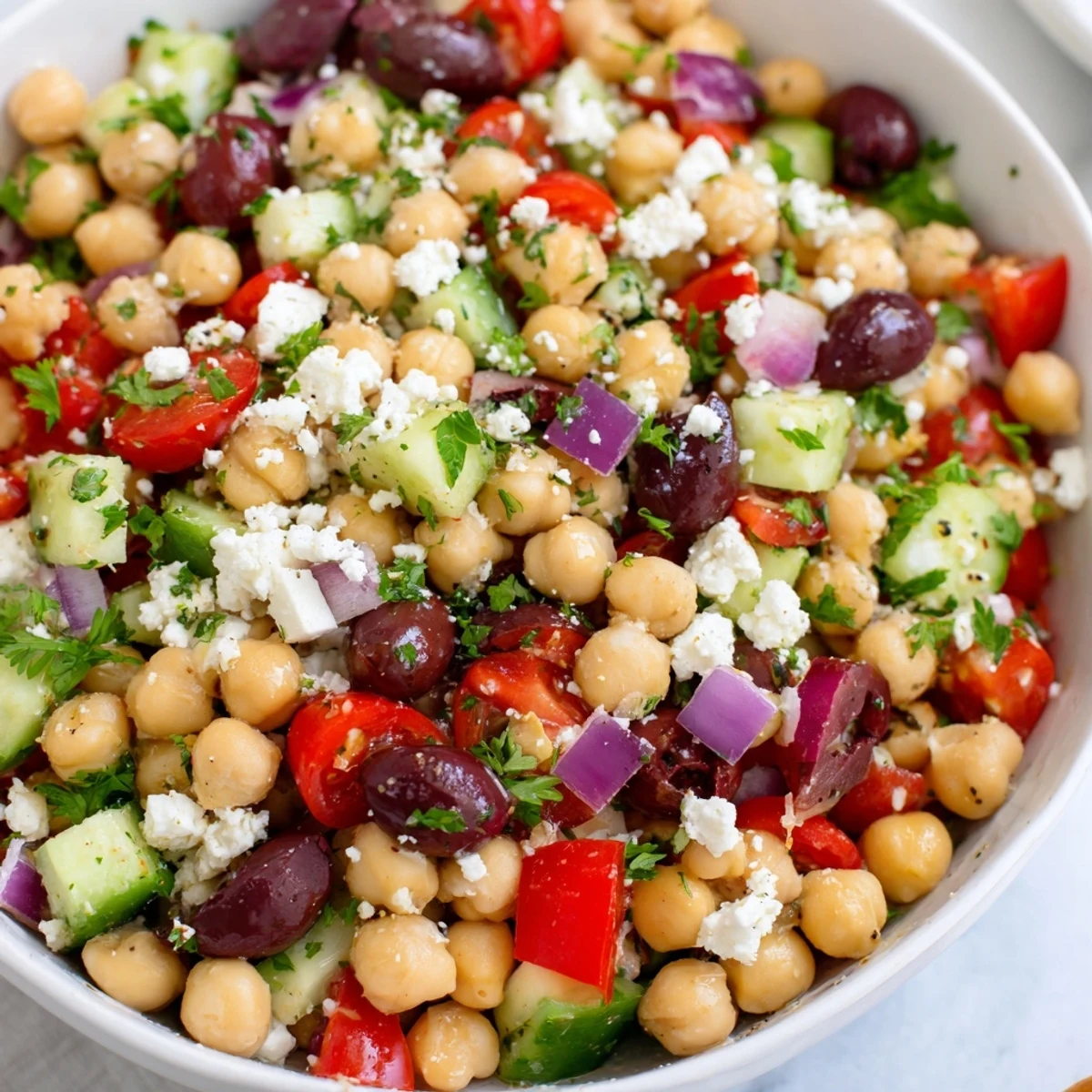 Fresh Mediterranean Chickpea and Feta Salad in a white bowl, featuring diced cucumbers, red bell peppers, and crumbled feta cheese ready to serve.