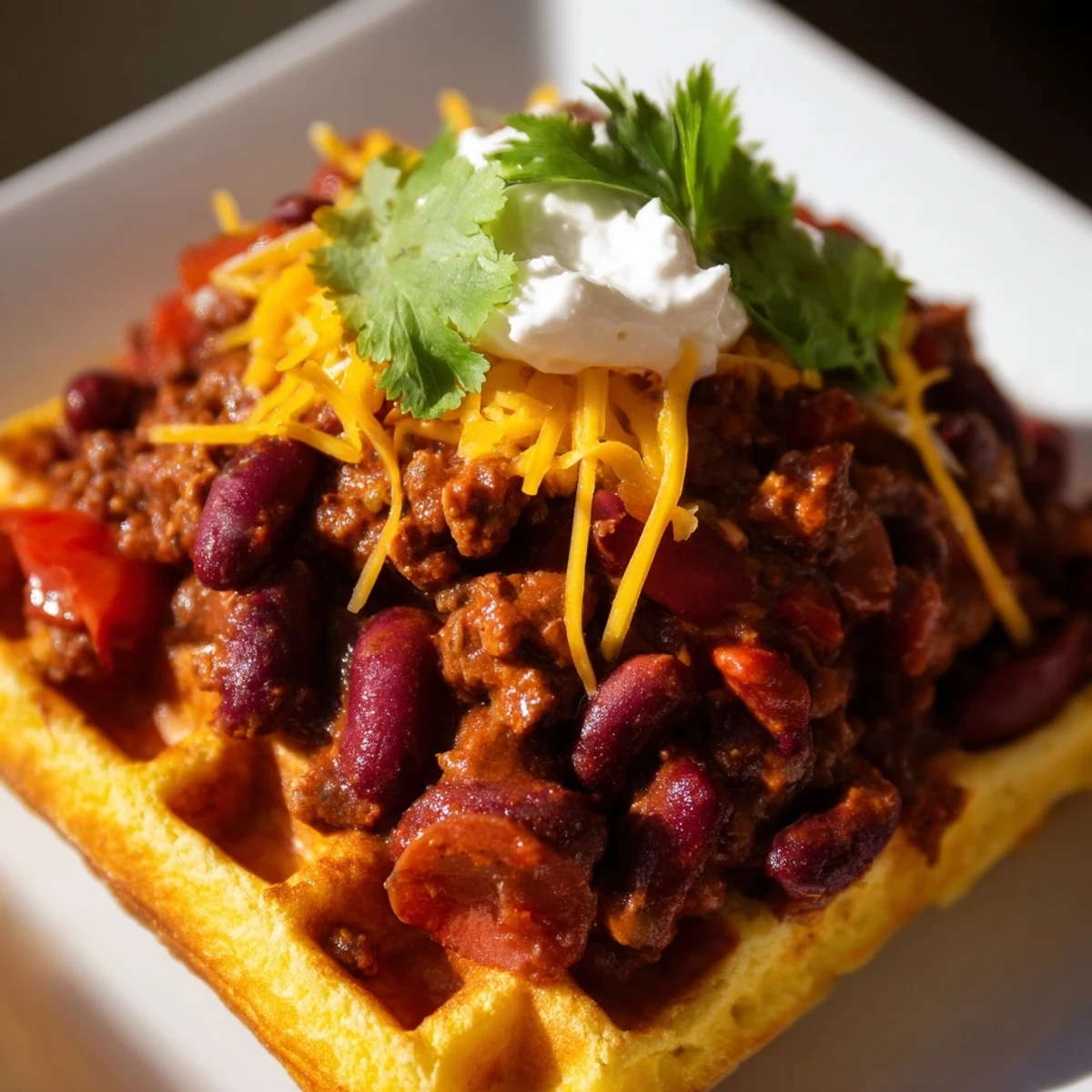 Golden cornbread waffles topped with a hearty bowl of savory beef chili, melted cheddar, and sliced green onions.