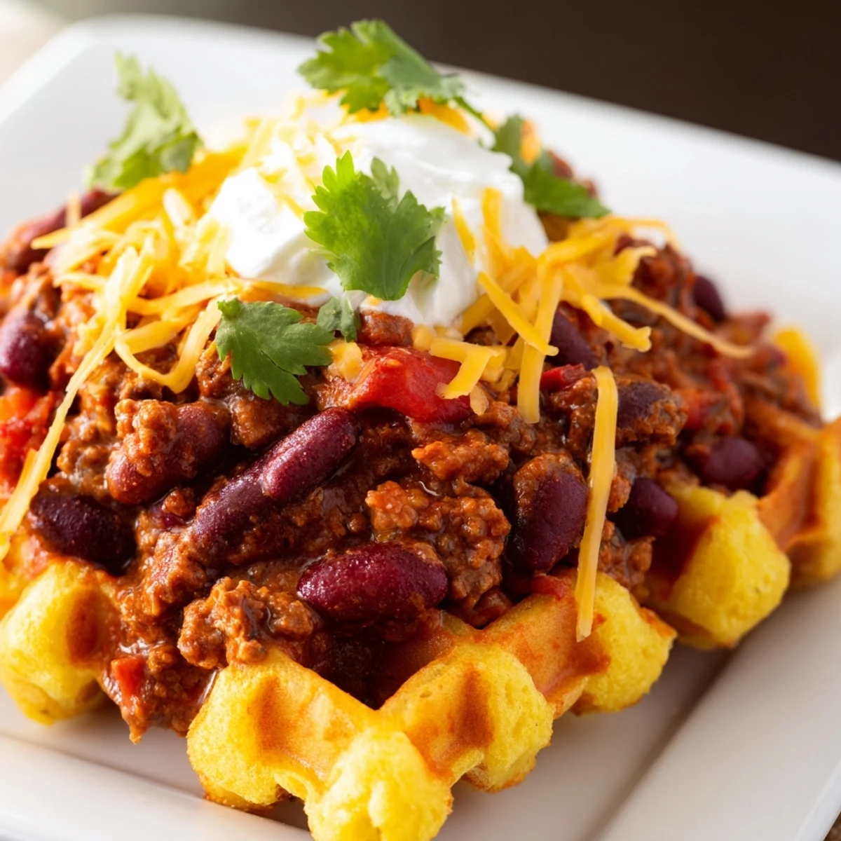 Savory beef chili spooned over crisp, golden cornbread waffles, creating a delicious fusion of textures and flavors.