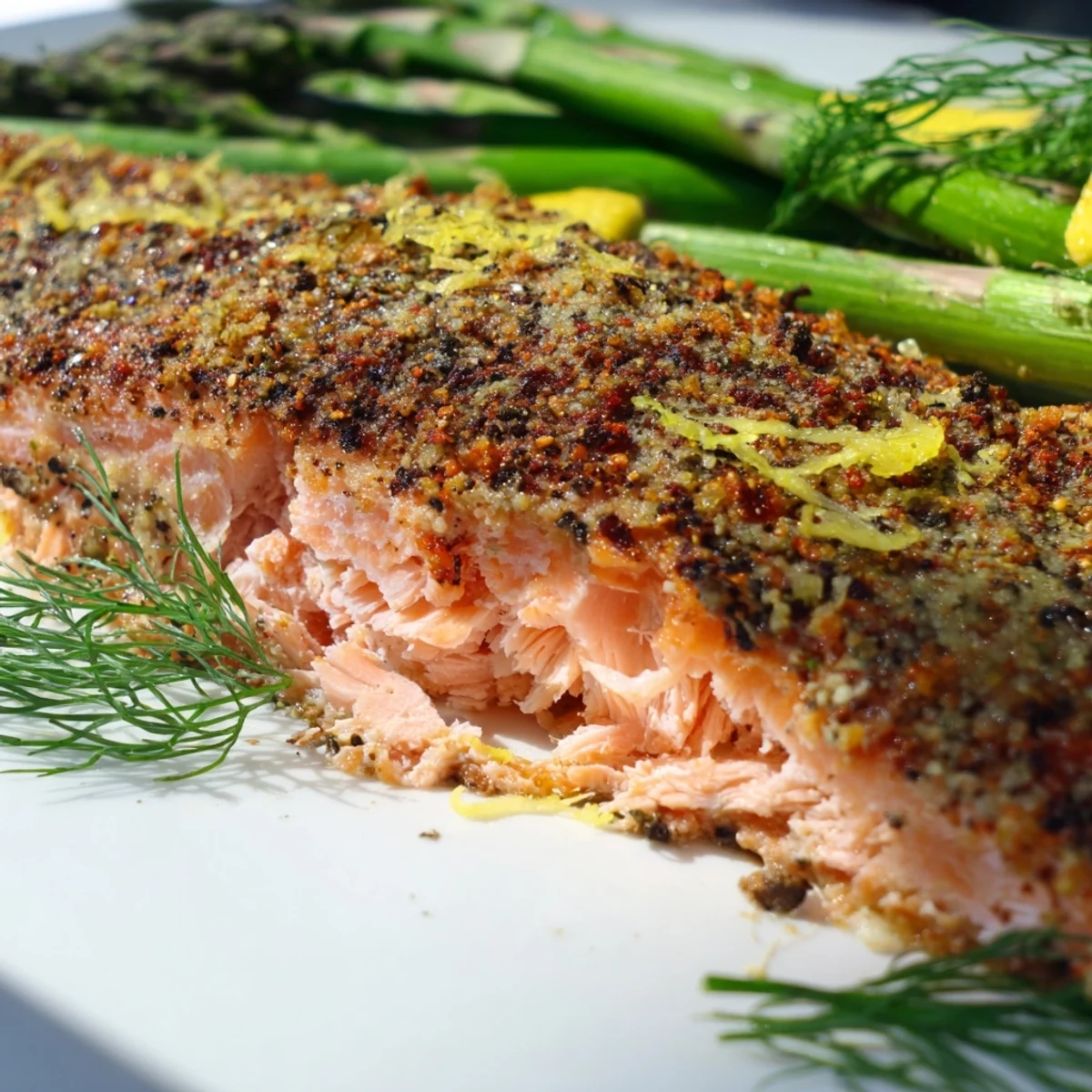 Golden-brown crispy skin on air fryer salmon fillets, paired with vibrant green roasted asparagus spears, garnished with fresh dill and lemon wedges for a zesty finish.