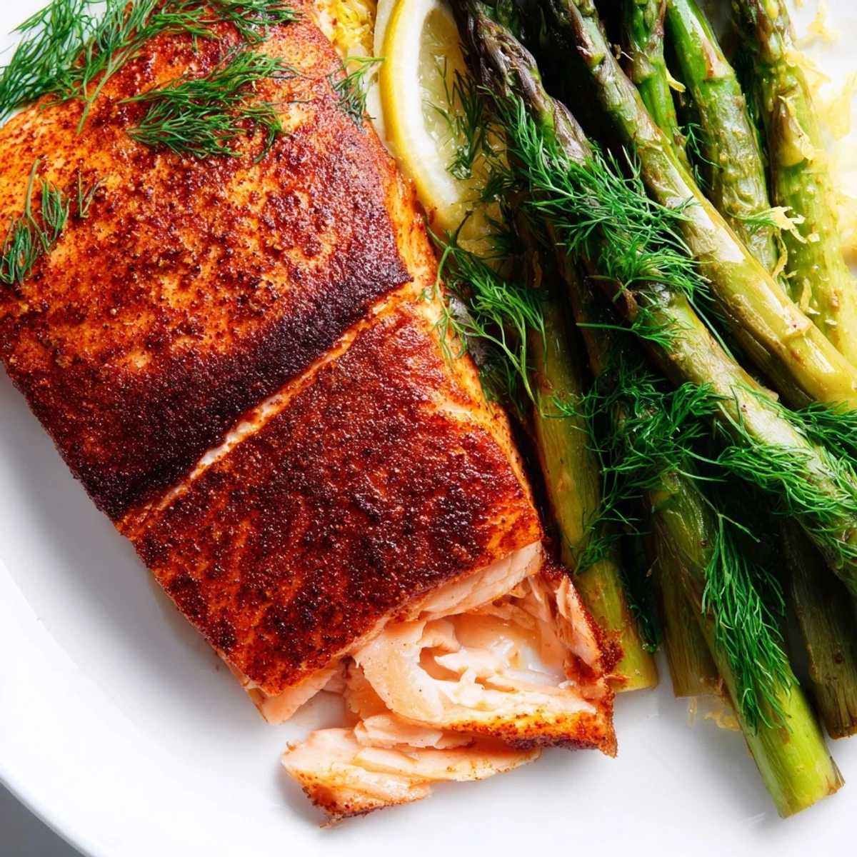 Flaky, tender salmon with lightly crisped asparagus cooked to perfection in the air fryer, served alongside lemon slices on a rustic wooden board.