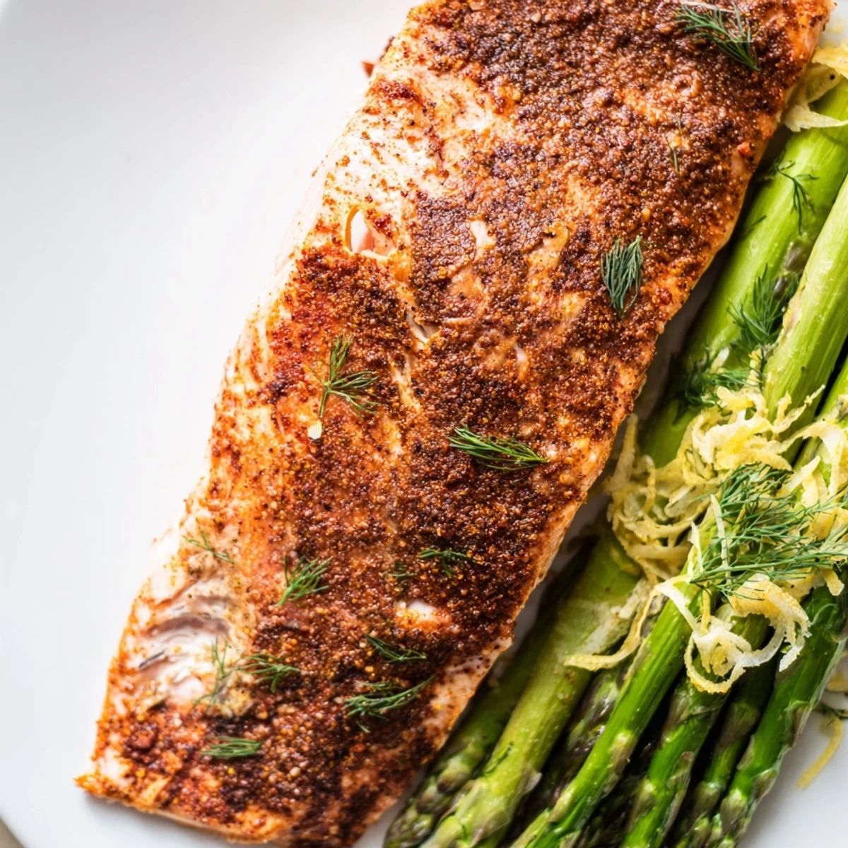 Close-up of perfectly cooked air fryer salmon with asparagus, highlighting the juicy texture, herbs, and lemon zest on a clean white plate.