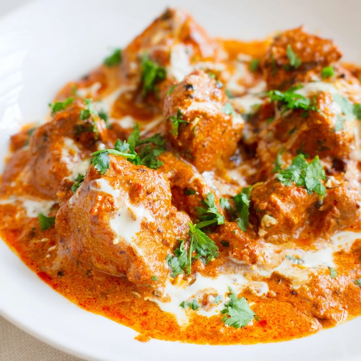 Tender chicken thighs in creamy slow cooker chicken tikka masala are dusted with garam masala and ready to scoop onto warm naan bread.