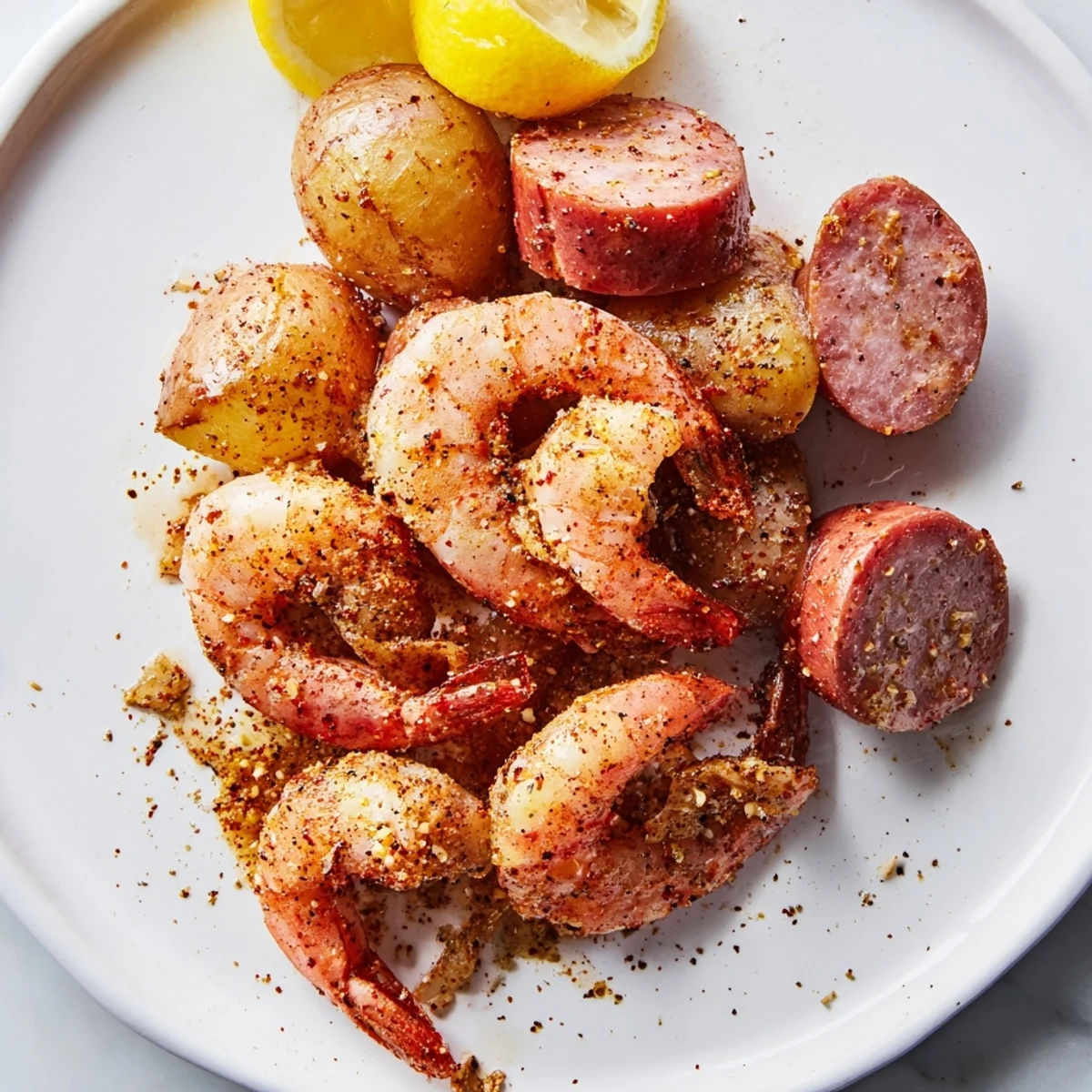Golden-brown Sheet Pan Shrimp Boil with corn cobs, smoked sausage, and tender potatoes roasted with zesty spices.