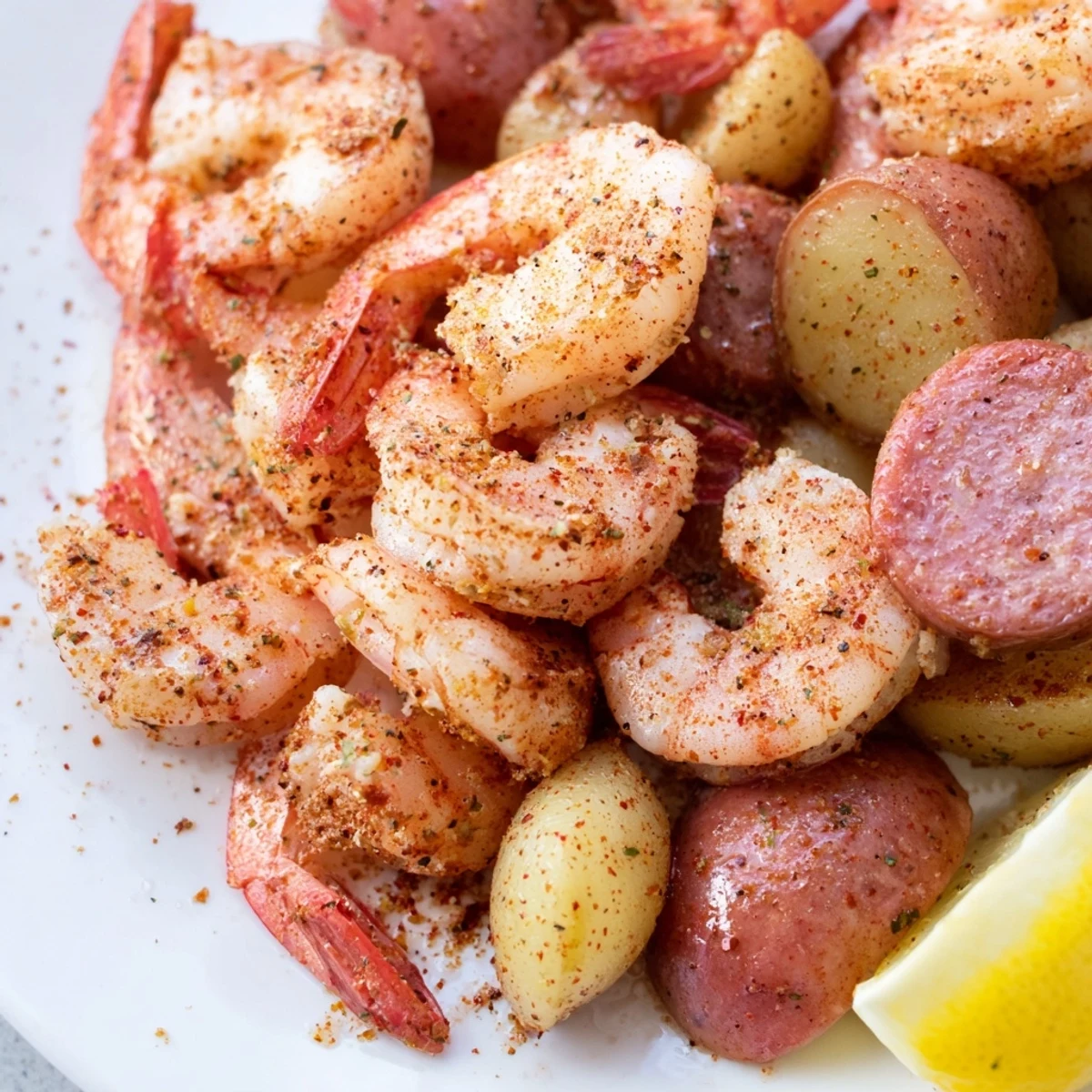 Close-up of Sheet Pan Shrimp Boil with seasoned shrimp, red onion, baby potatoes, and fresh parsley garnish.