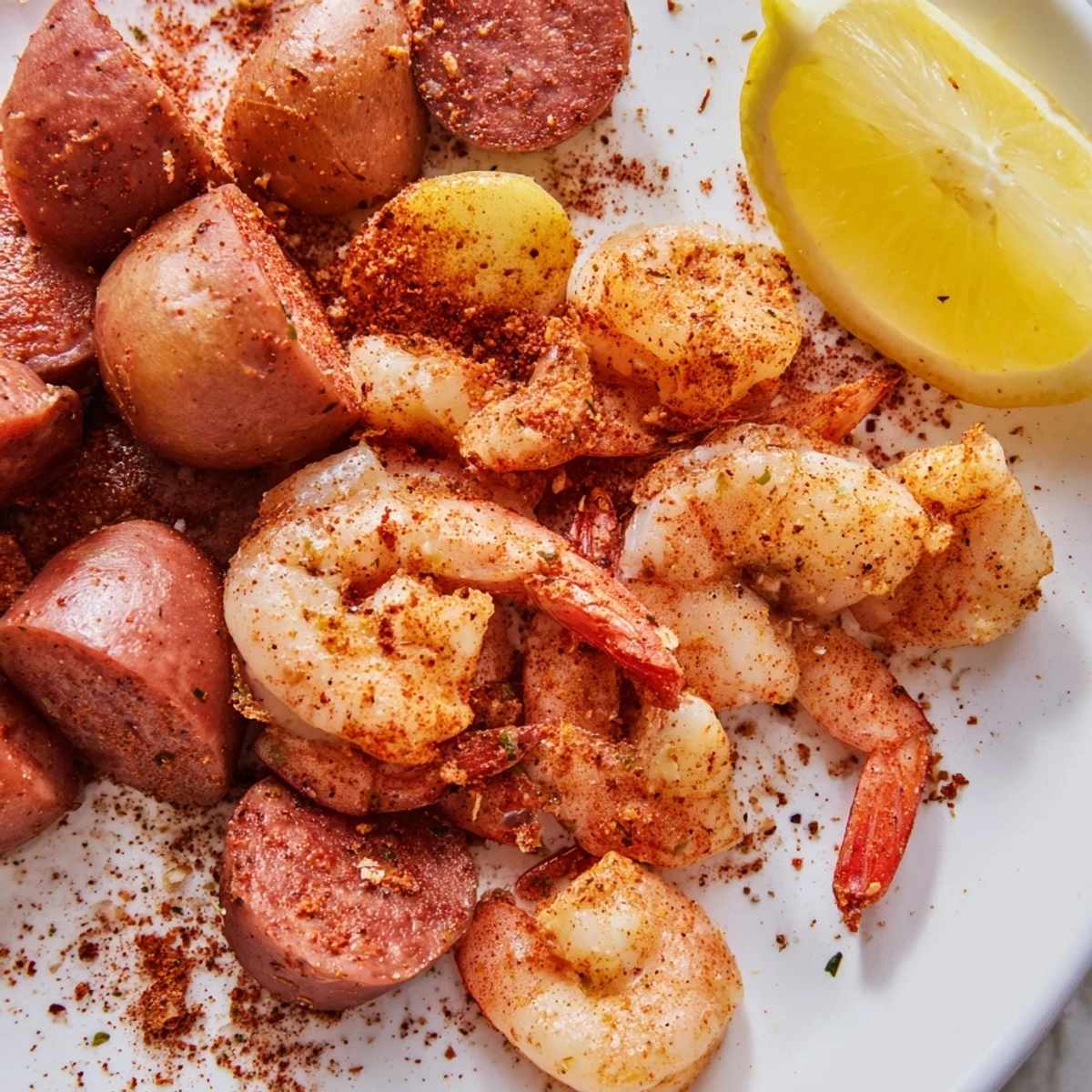 A complete Sheet Pan Shrimp Boil dinner featuring juicy shrimp, charred corn, andouille sausage, and lemon wedges on parchment.