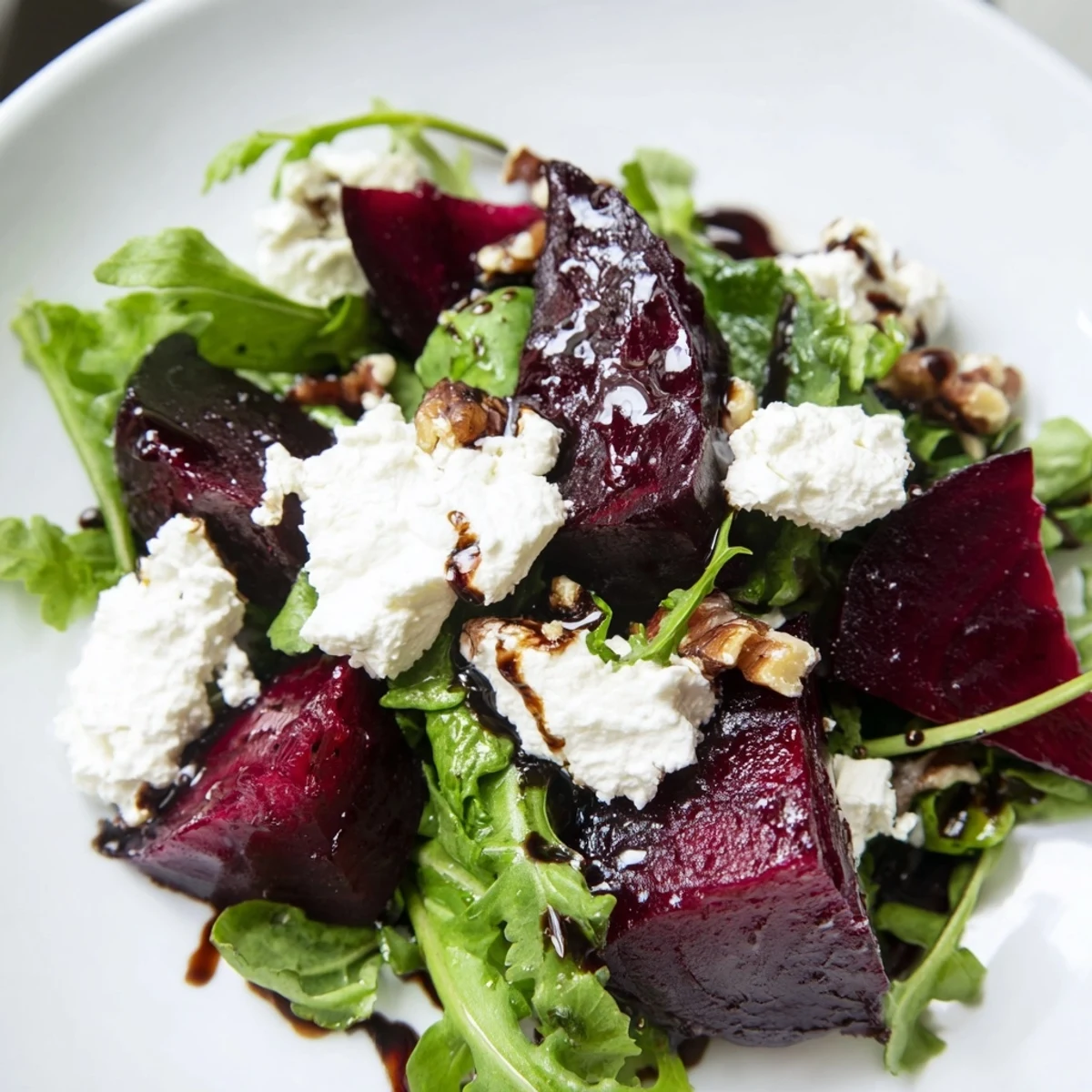 Vibrant Roasted Beet and Walnut Salad with sweet, tender beets, toasted nuts, and creamy crumbled goat cheese on greens.