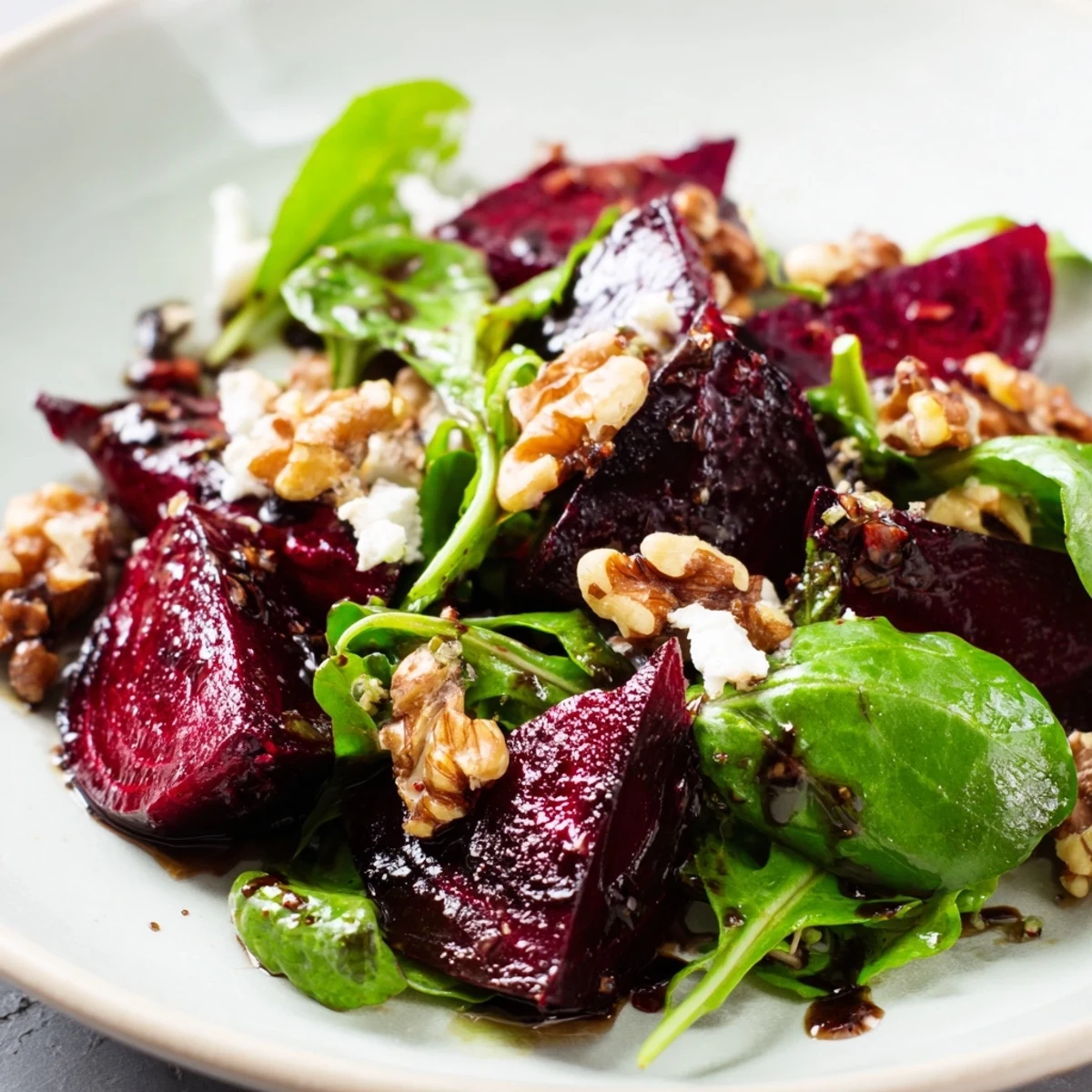 Freshly roasted beet wedges top a bed of peppery arugula in this Roasted Beet and Walnut Salad, drizzled with balsamic vinaigrette.