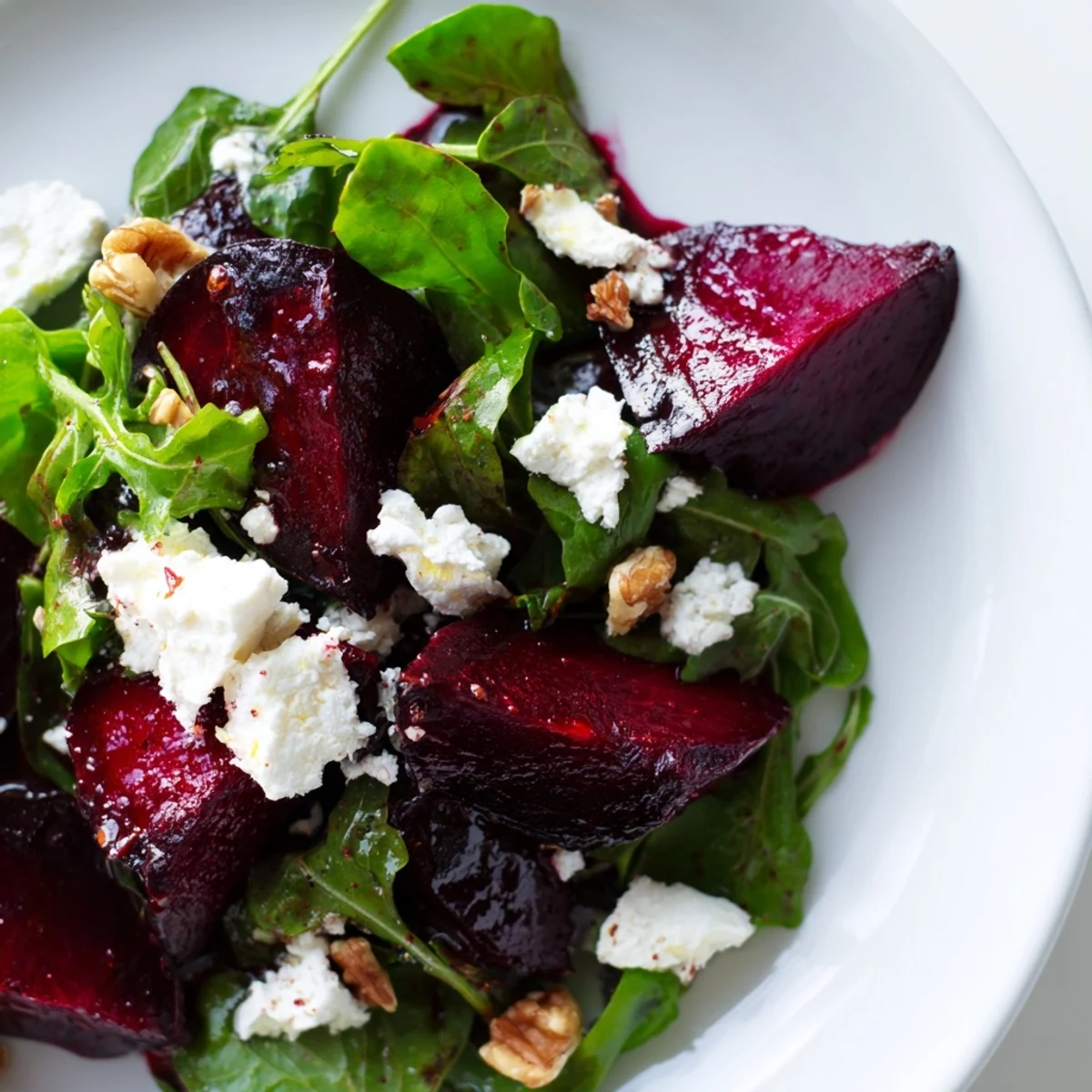 Colorful Roasted Beet and Walnut Salad served as a light main, featuring ruby beets, crunchy walnuts, and tangy goat cheese.