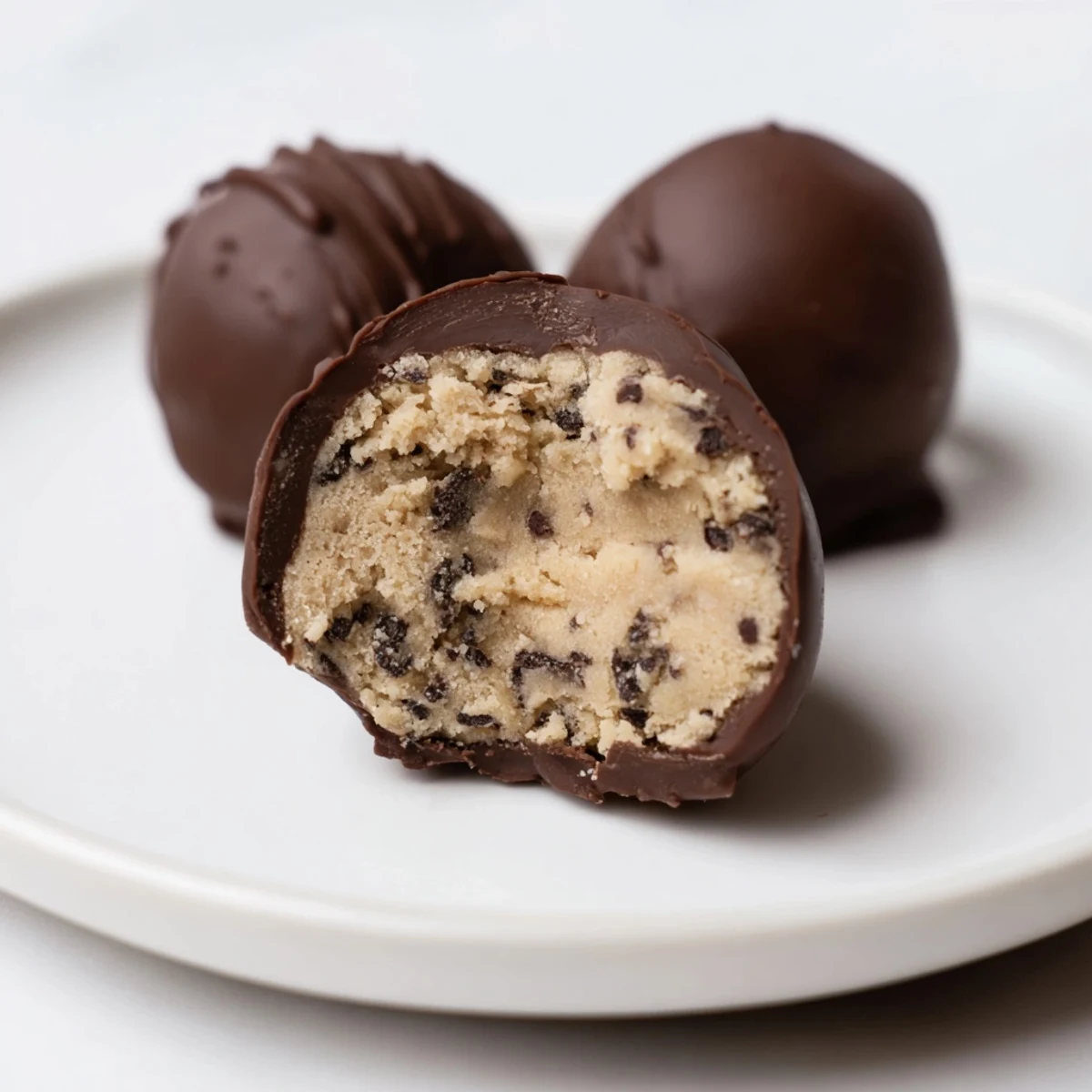 Chocolate Chip Cookie Dough Truffles arranged on a baking sheet, ready to be dipped in rich, melted chocolate coating.