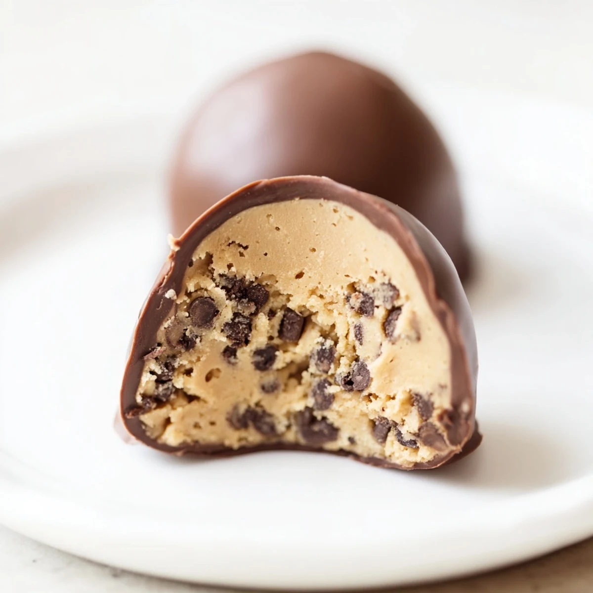 Close-up of Chocolate Chip Cookie Dough Truffles with a smooth chocolate shell and visible mini chocolate chips inside.
