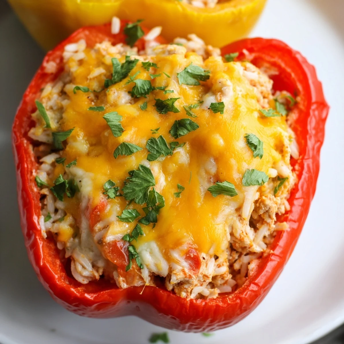 Four colorful baked bell peppers are filled with seasoned ground turkey, rice, and herbs, topped with melted mozzarella cheese. This wholesome main dish is served hot on a rustic plate.
