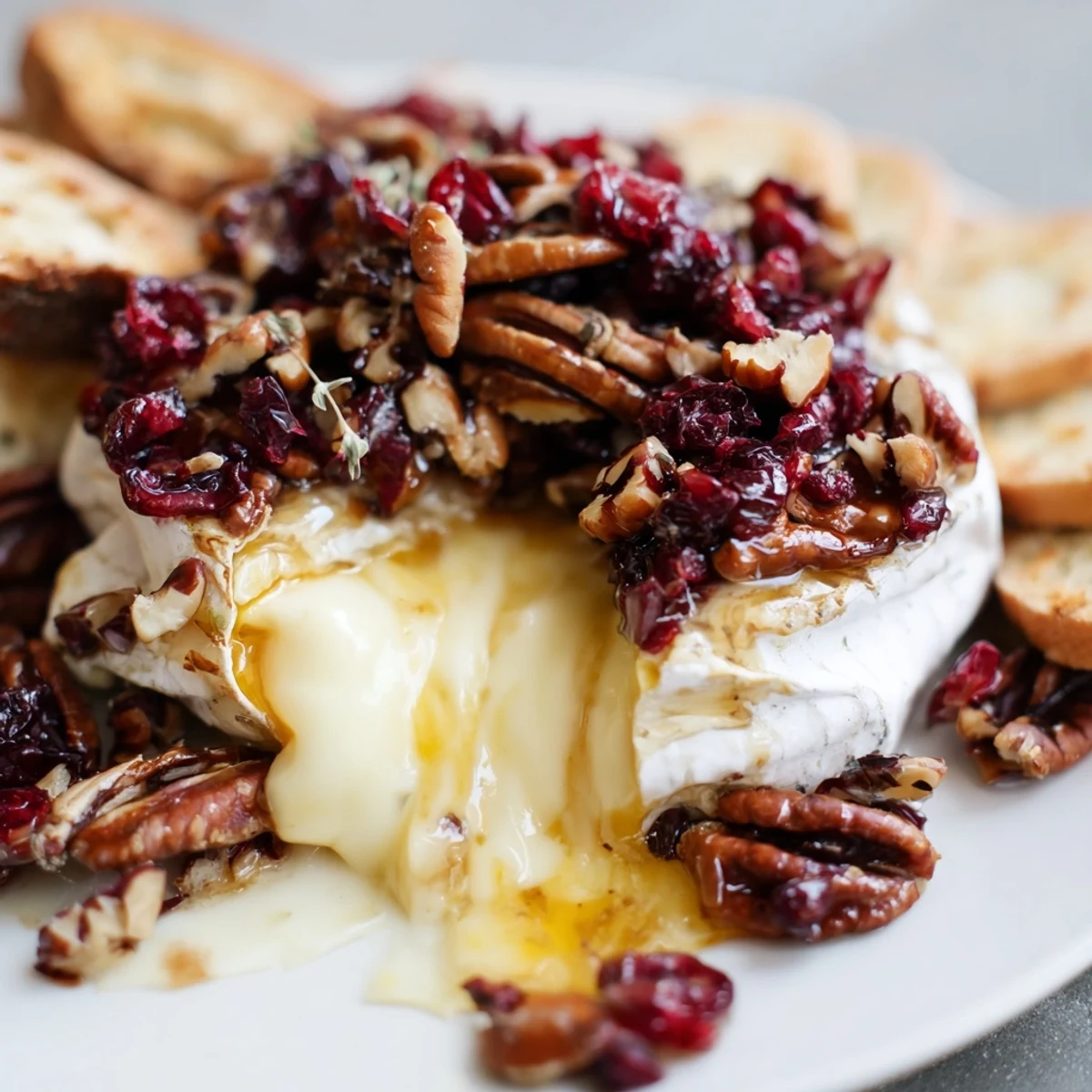 A warm, gooey wheel of baked brie with cranberry pecan topping on a wooden board, served with crackers for dipping.