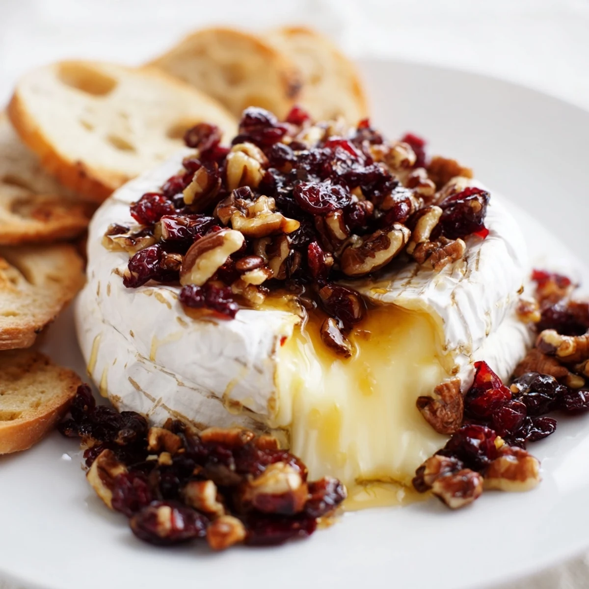 Golden baked brie with cranberry pecan topping is topped with toasted pecans and served with apple slices and baguette.