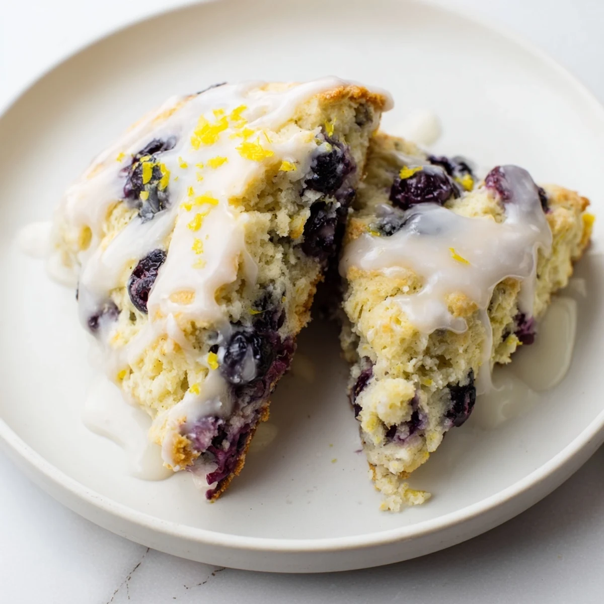 Freshly baked Lemon Blueberry Scones with Glaze on a wooden board, showcasing golden edges and plump berries.