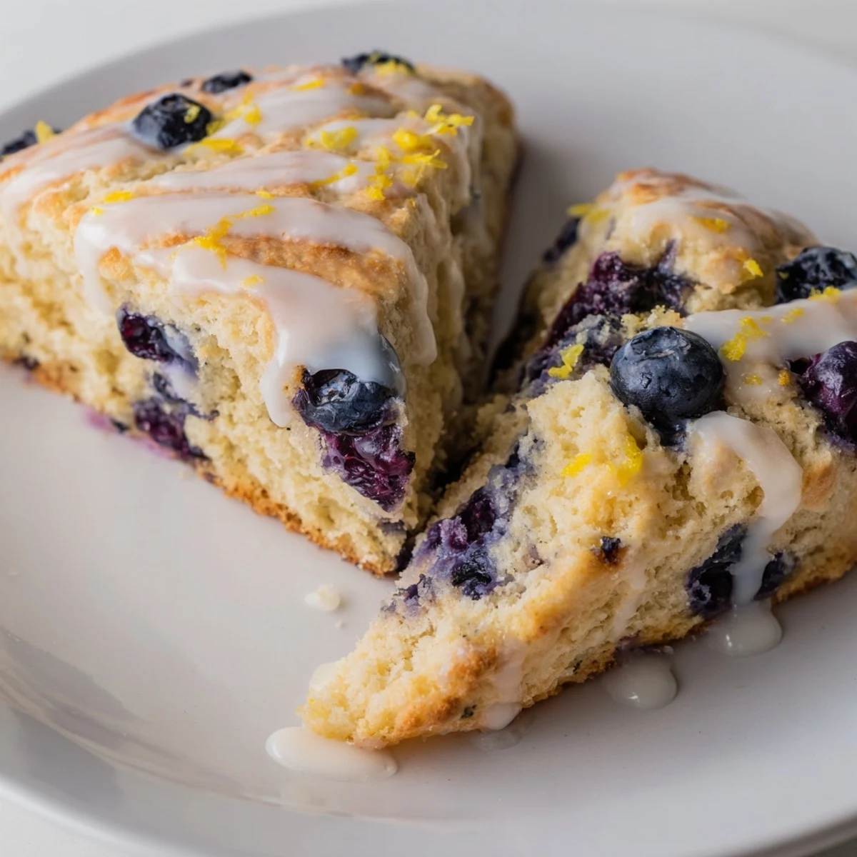 A close-up of Lemon Blueberry Scones with Glaze being drizzled with sweet citrus icing over a wire rack.