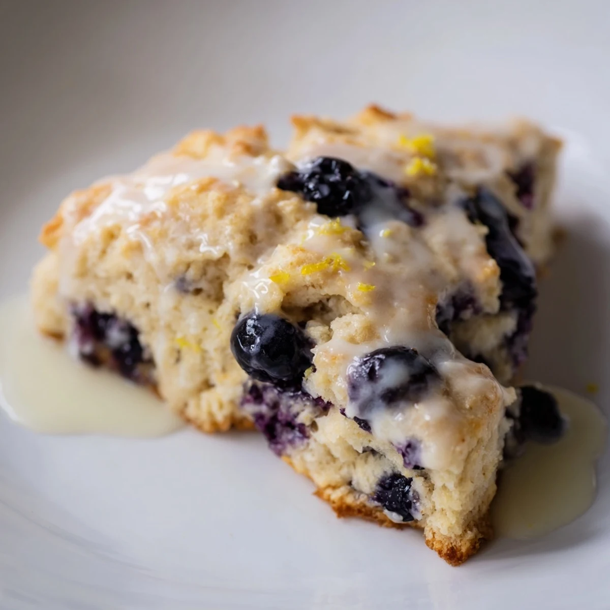 Homemade Lemon Blueberry Scones with Glaze served on a white plate with a cup of coffee for breakfast.