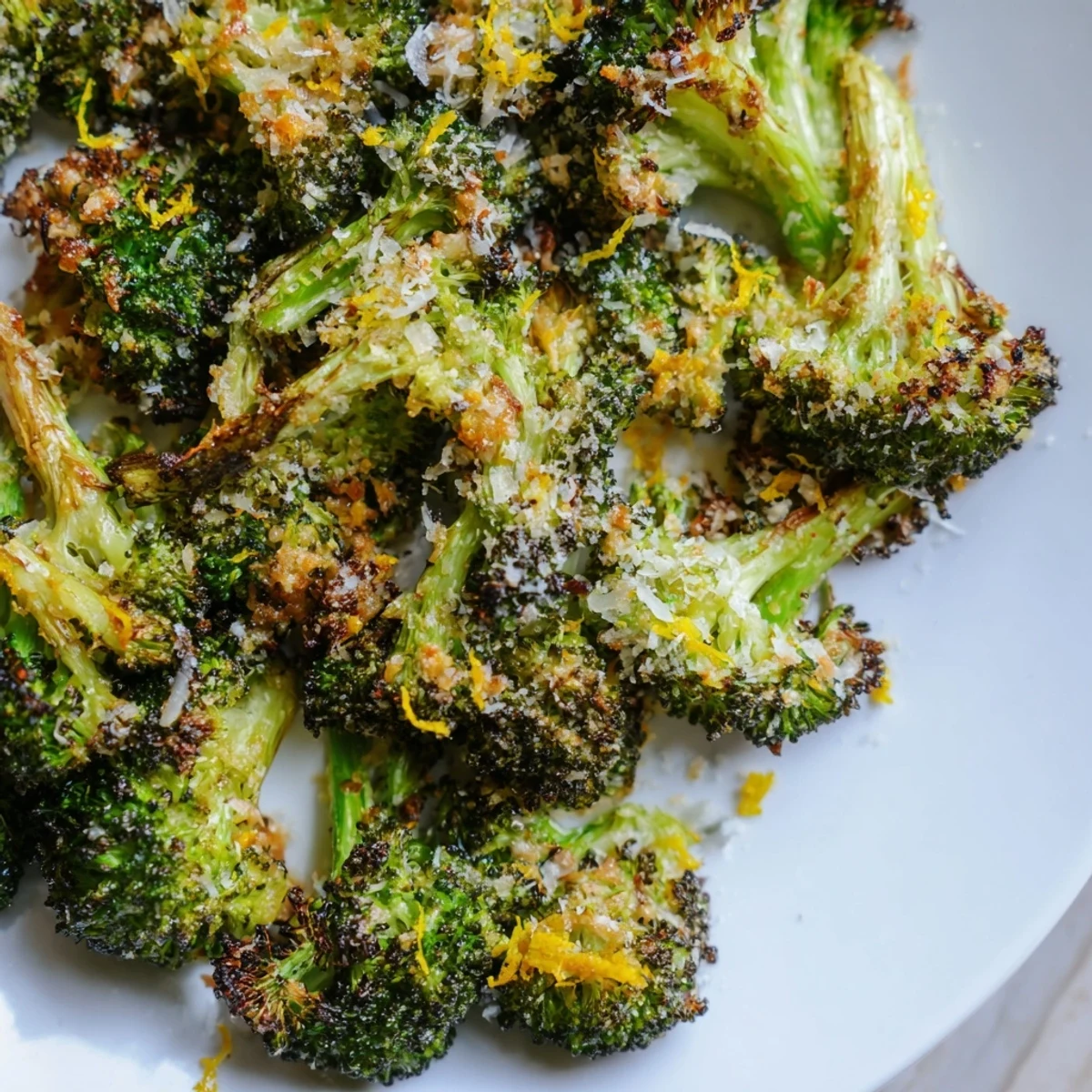 Freshly roasted broccoli florets with garlic and Parmesan, ready to serve as a warm side.