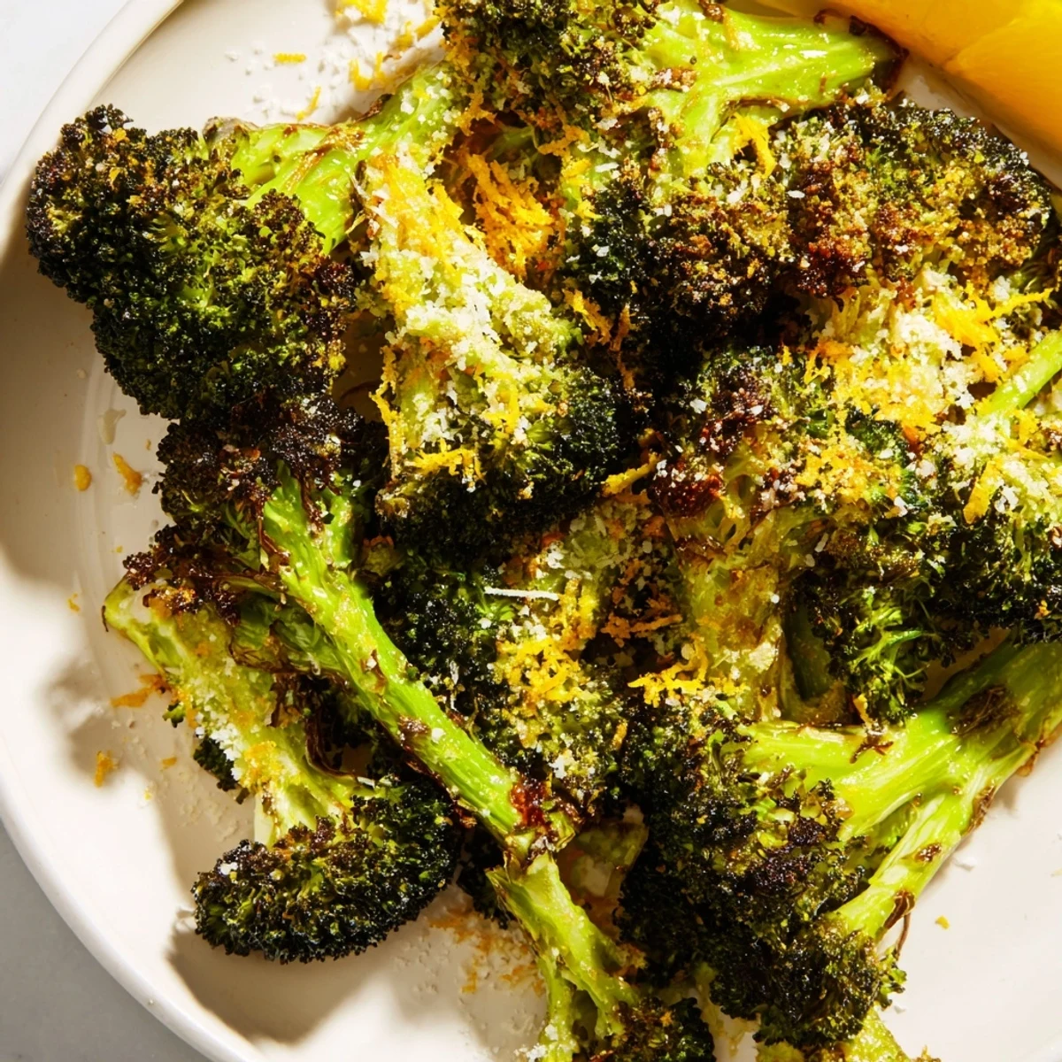 Golden roasted broccoli with garlic and Parmesan cheese on a baking sheet, crisp-tender and fragrant.