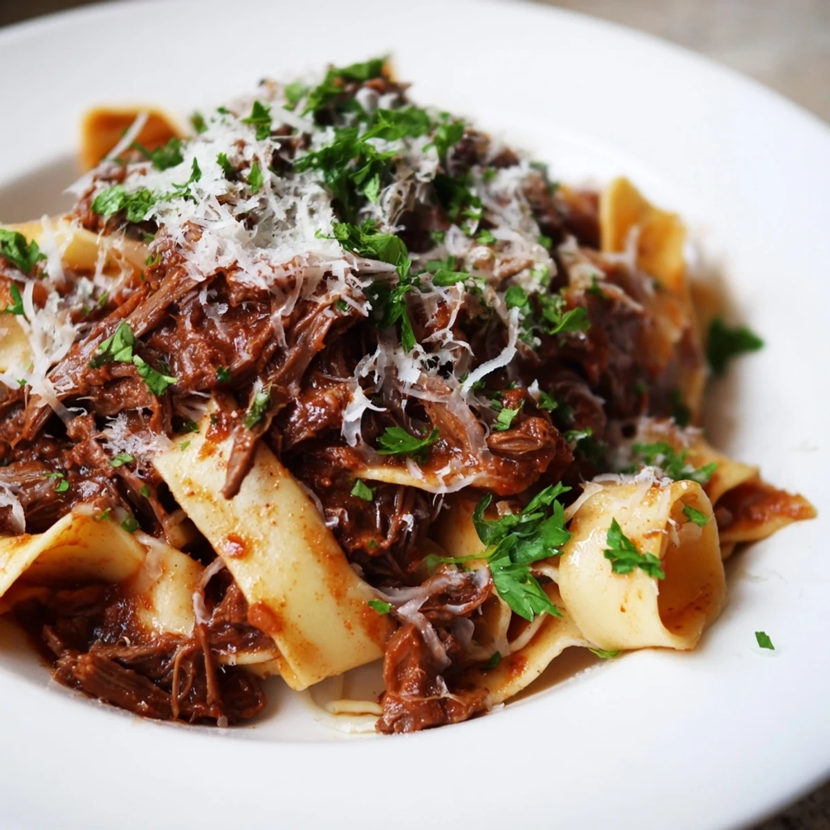 Freshly shredded beef simmers in a rich tomato sauce, ready to coat tender pappardelle noodles for a hearty Slow Cooker Beef Ragu.