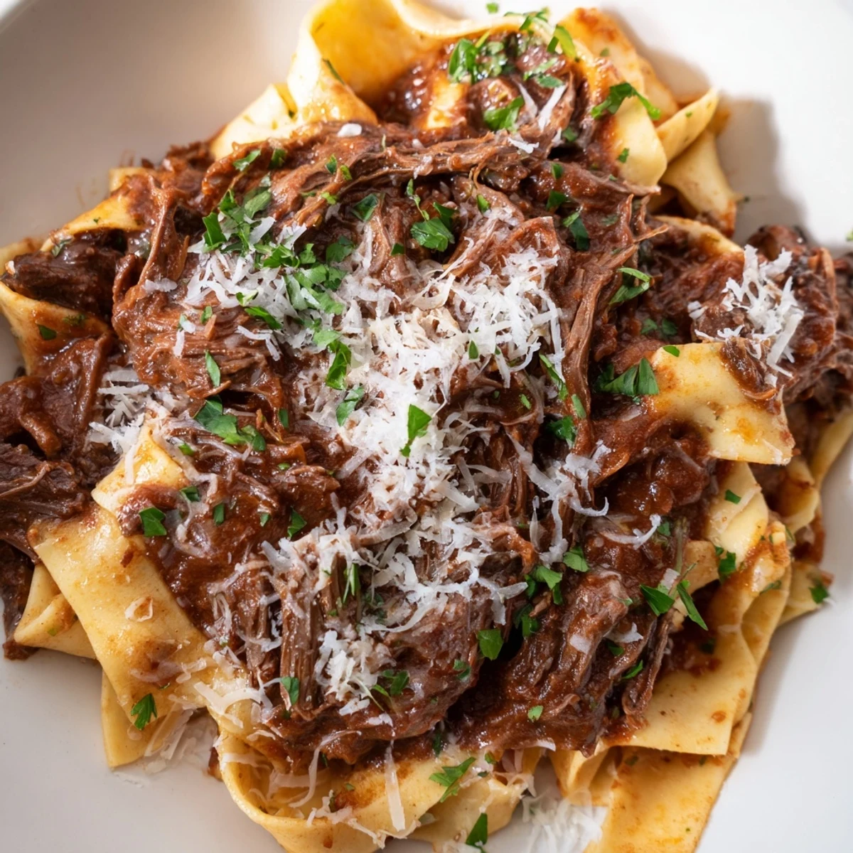 A skillet-seared chuck roast rests atop wide pappardelle pasta, finished with fresh parsley and grated Parmesan for a cozy Slow Cooker Beef Ragu.
