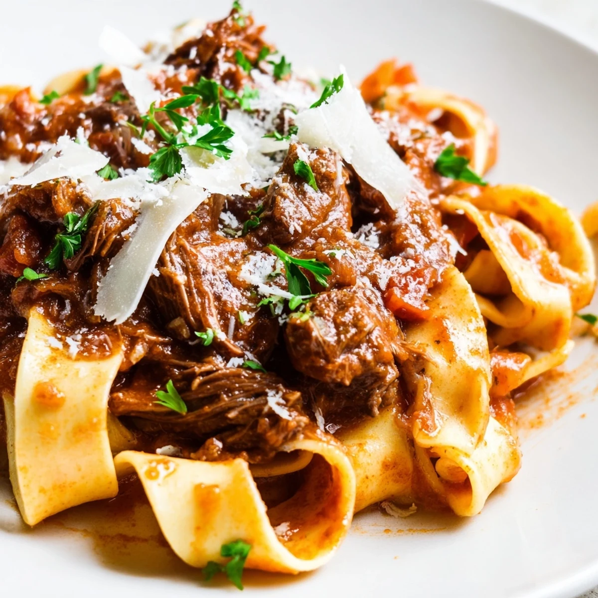 Hearty Slow Cooker Beef Ragu steams in a bowl, featuring silky pappardelle noodles, red wine-infused sauce, and aromatics like onion, carrots, and garlic.