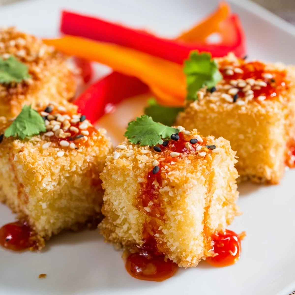 Golden, baked crispy coconut tofu cubes are arranged over colorful stir-fried vegetables and drizzled with sweet chili sauce on a white plate.